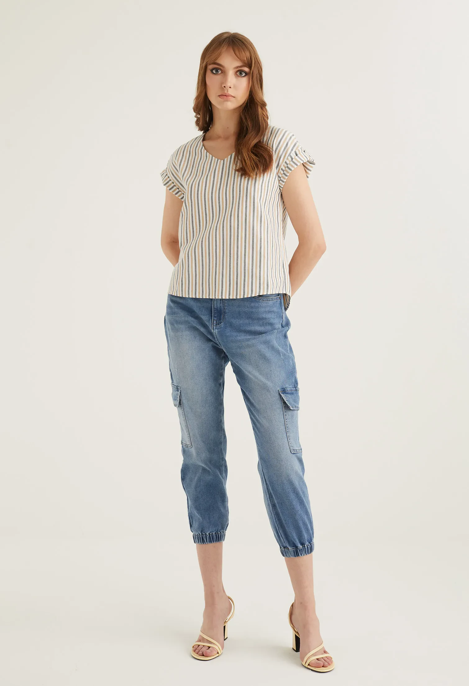 STRIPED V NECK CUFFED SLEEVE BLOUSE [CAMEL]