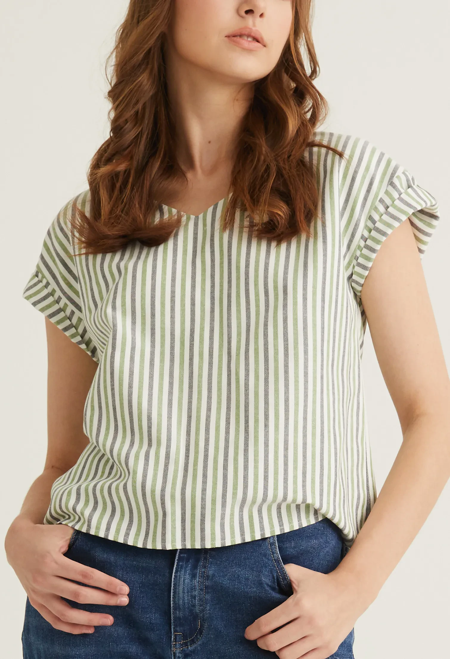 STRIPED V NECK CUFFED SLEEVE BLOUSE [OLIVE GREEN]