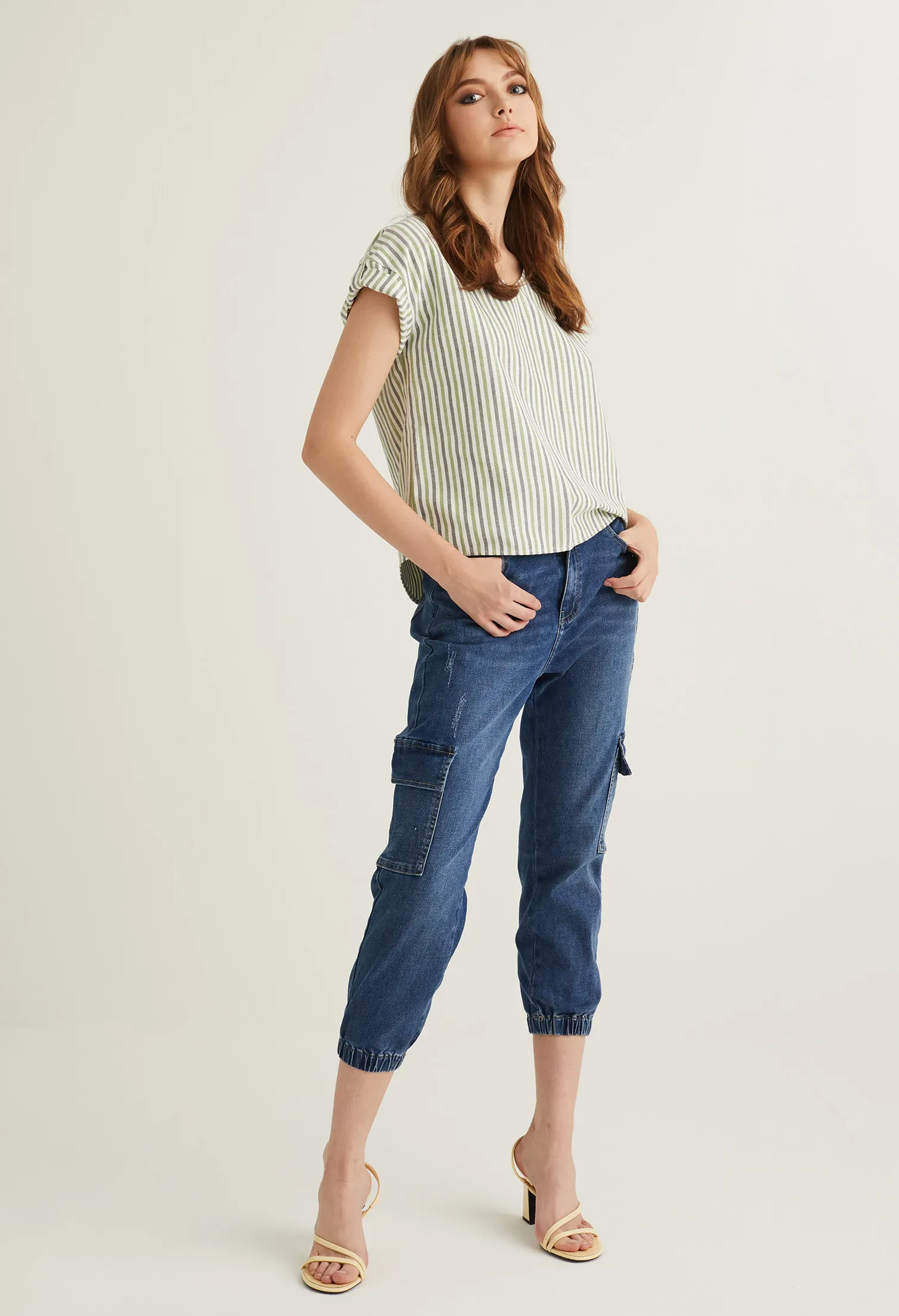 STRIPED V NECK CUFFED SLEEVE BLOUSE [OLIVE GREEN]