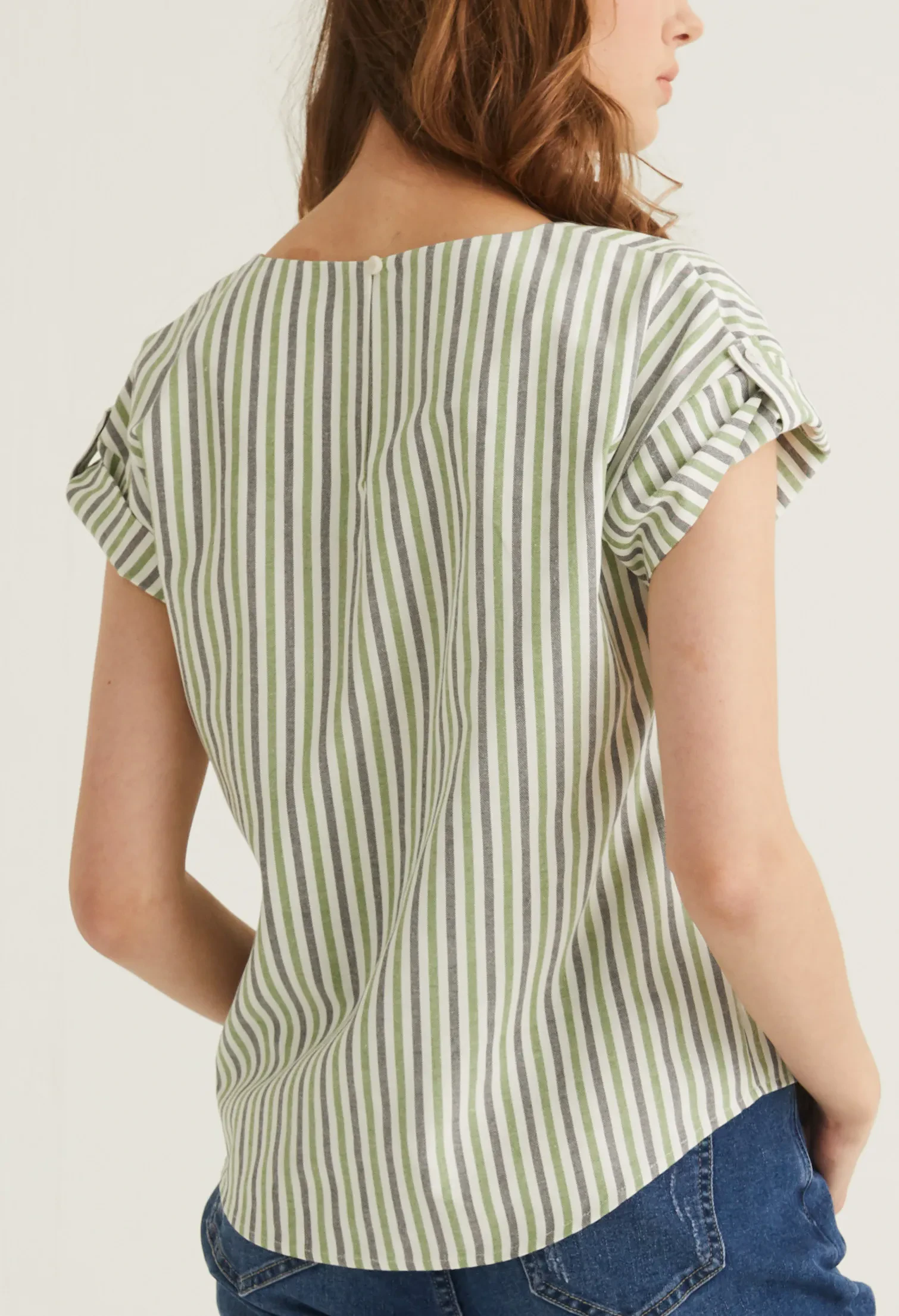 STRIPED V NECK CUFFED SLEEVE BLOUSE [OLIVE GREEN]