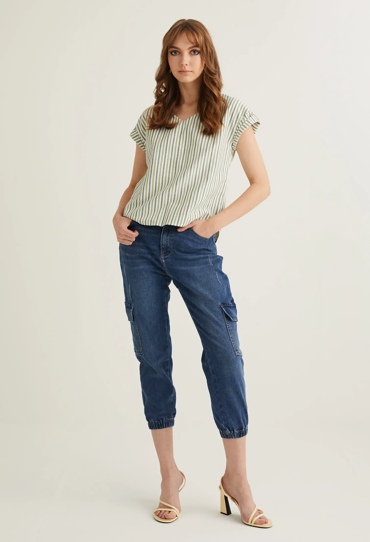 STRIPED V NECK CUFFED SLEEVE BLOUSE [OLIVE GREEN]