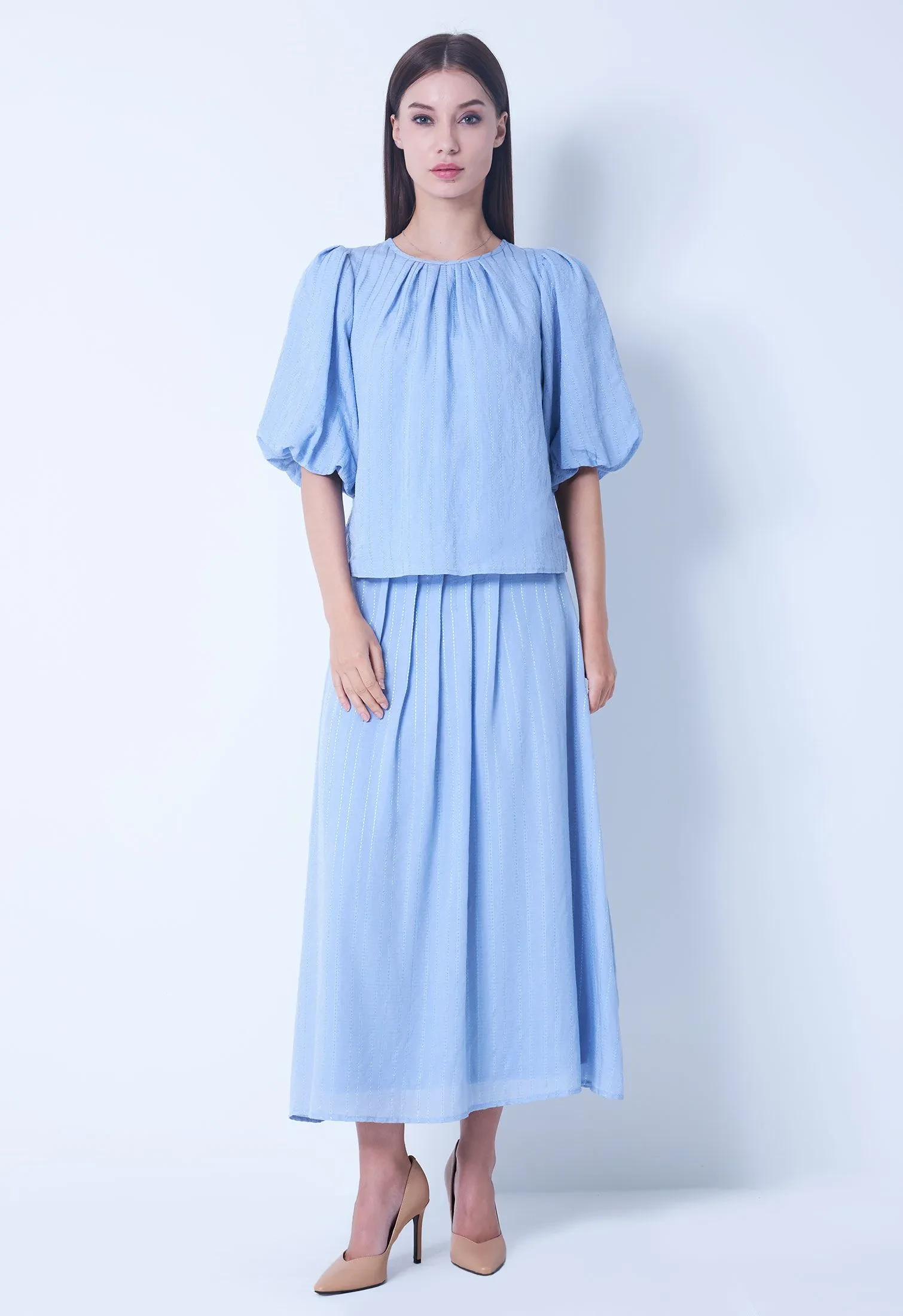 THREAD STRIPE BALLOON SLEEVE TOP [BLUE]
