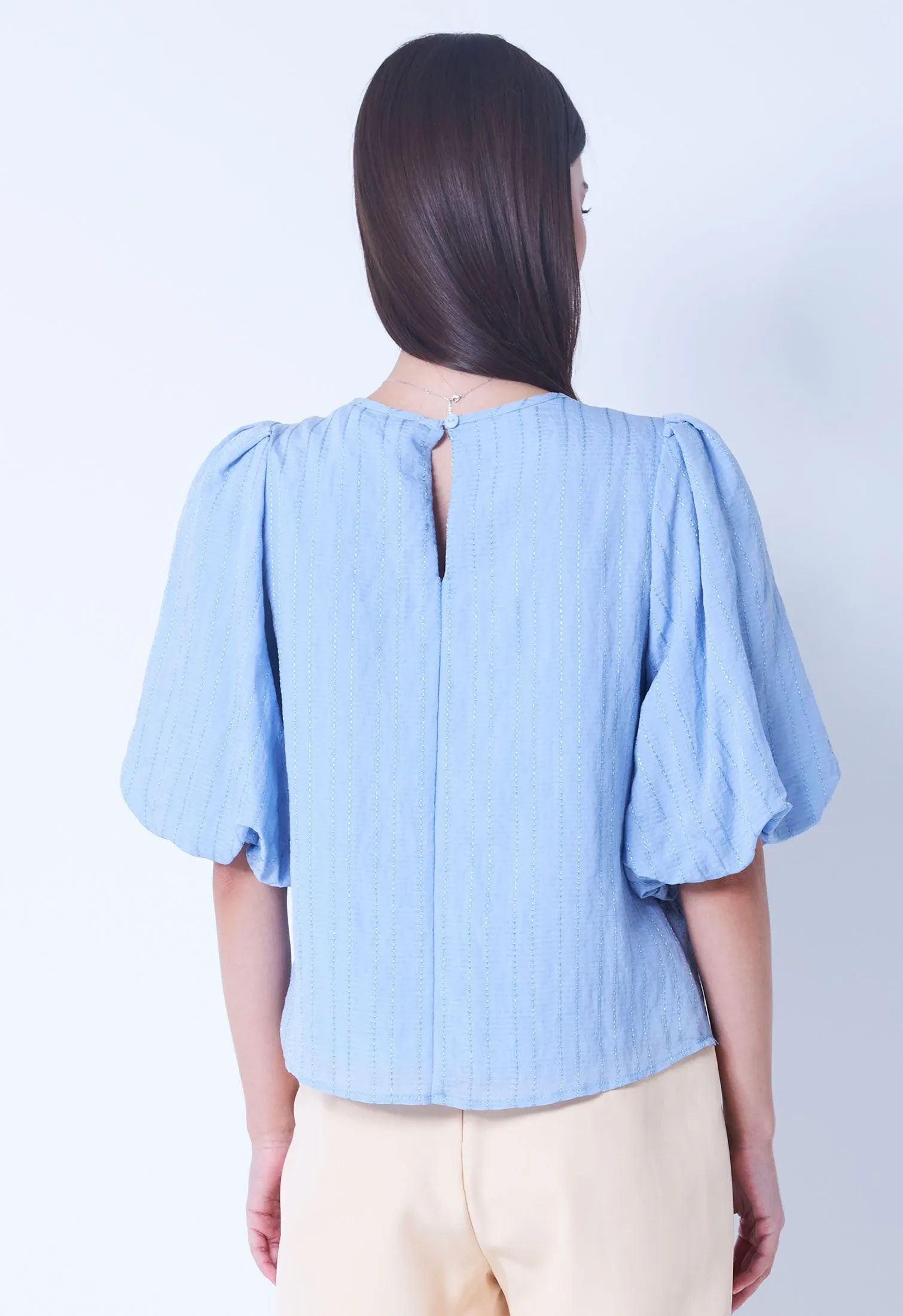 THREAD STRIPE BALLOON SLEEVE TOP [BLUE]