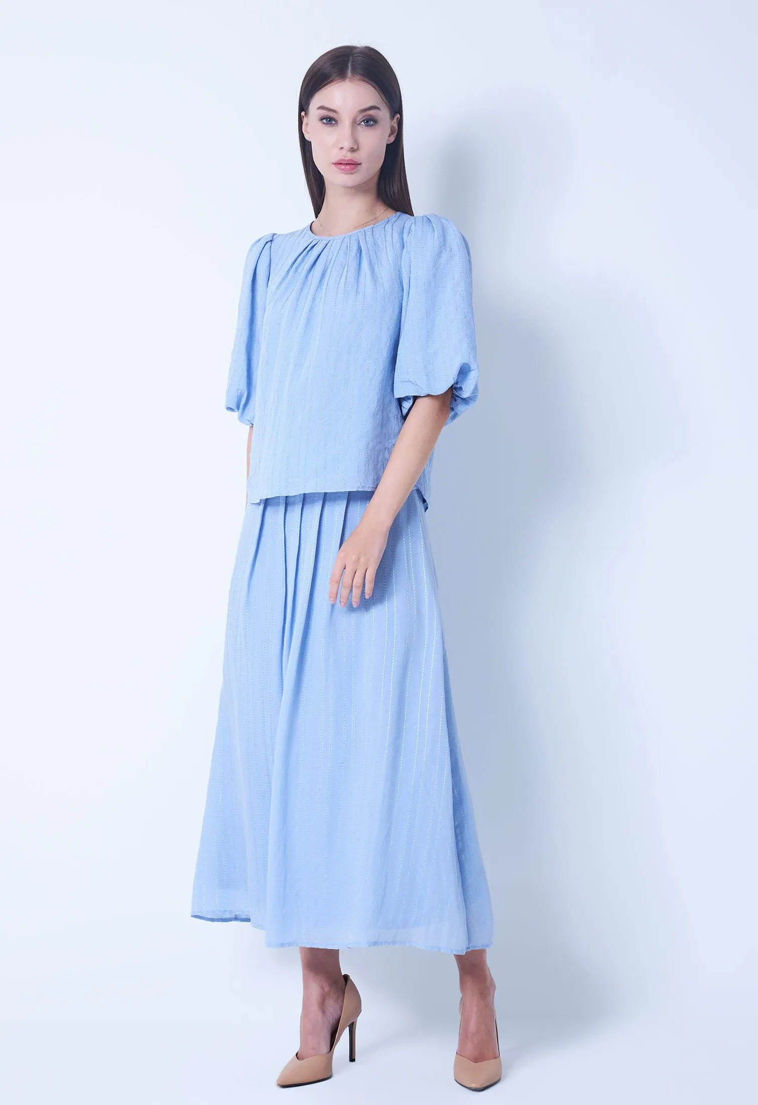THREAD STRIPE BALLOON SLEEVE TOP [BLUE]