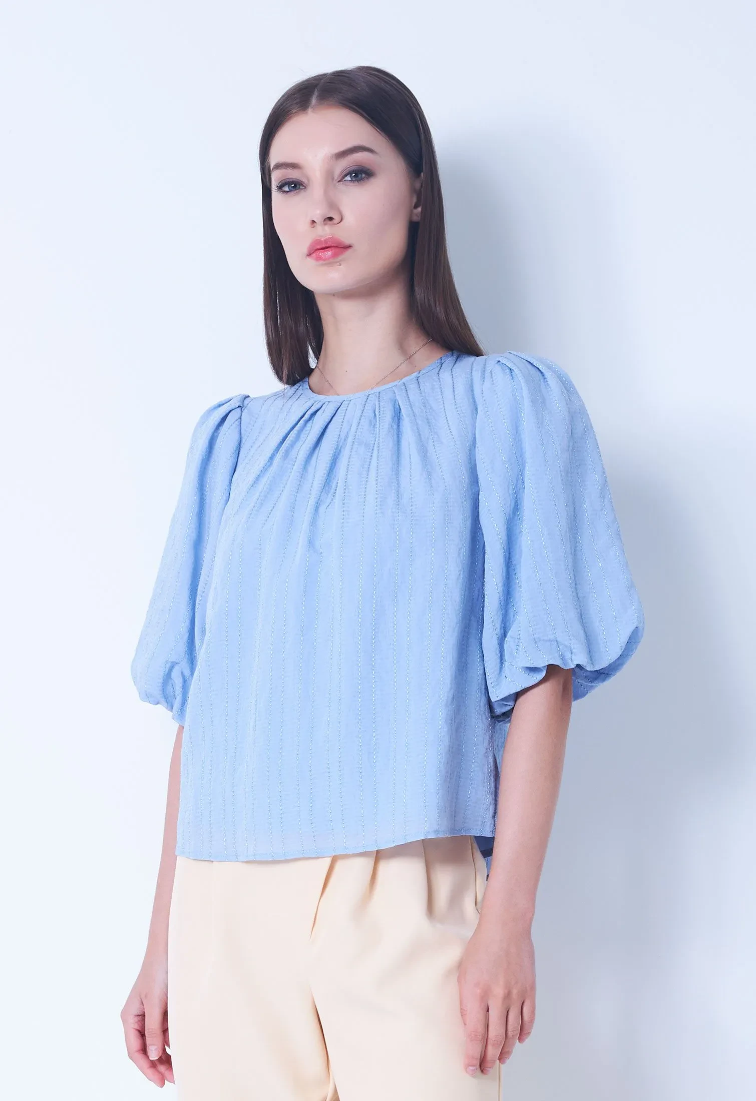 THREAD STRIPE BALLOON SLEEVE TOP [BLUE]