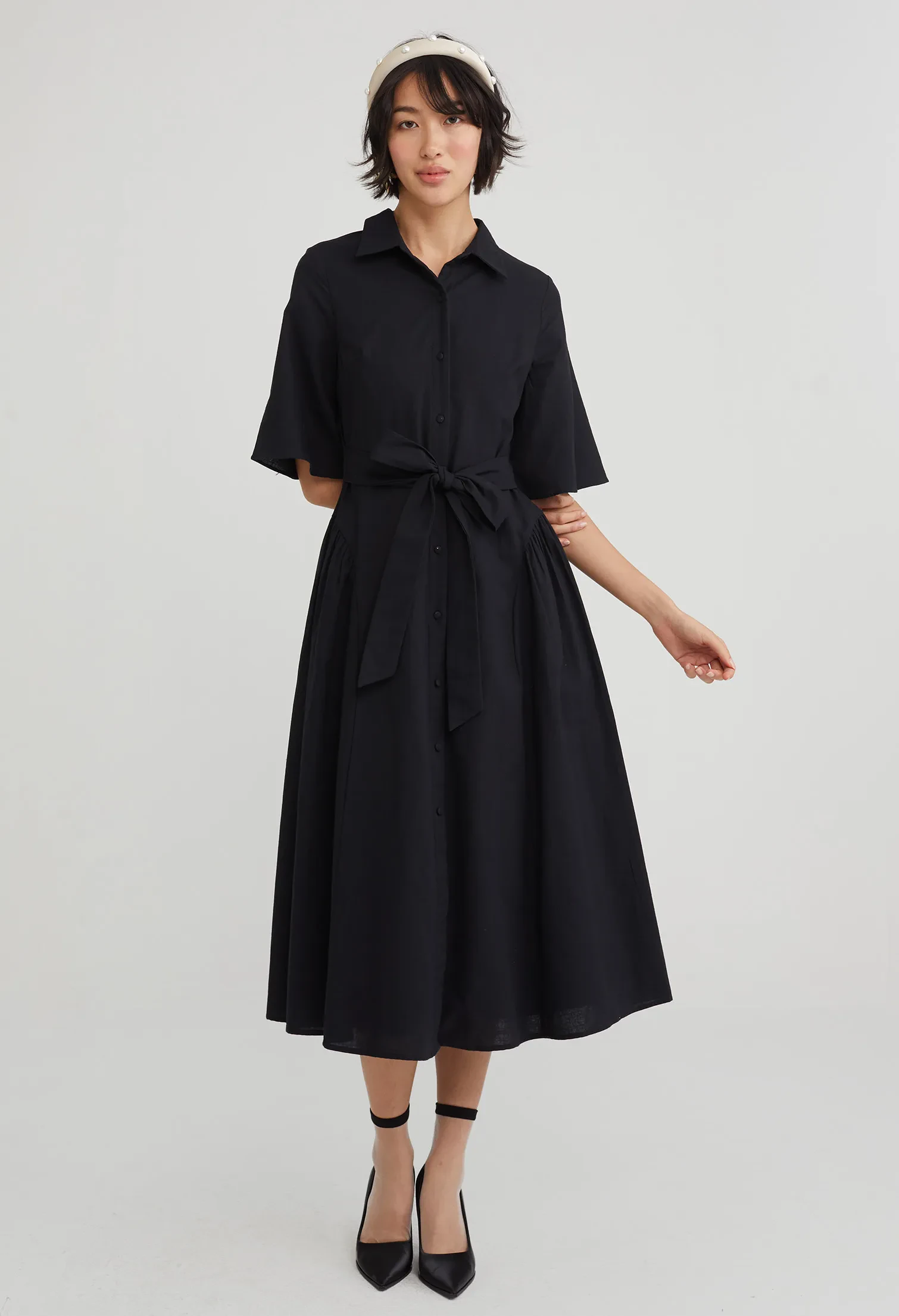 TIE WAIST COLLARED MIDI DRESS [BLACK]