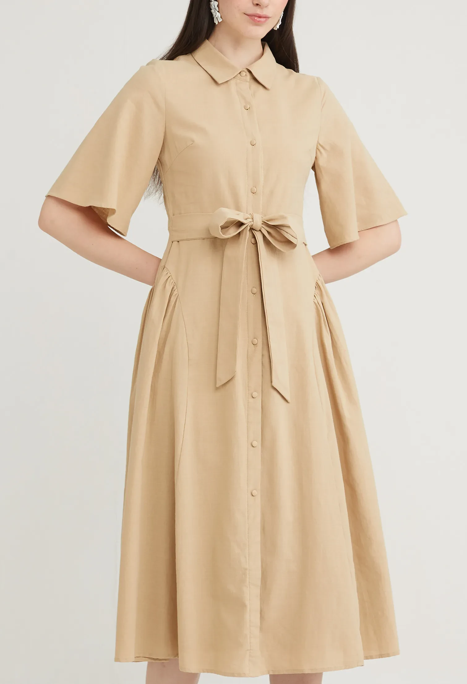 TIE WAIST COLLARED MIDI DRESS [SAND]