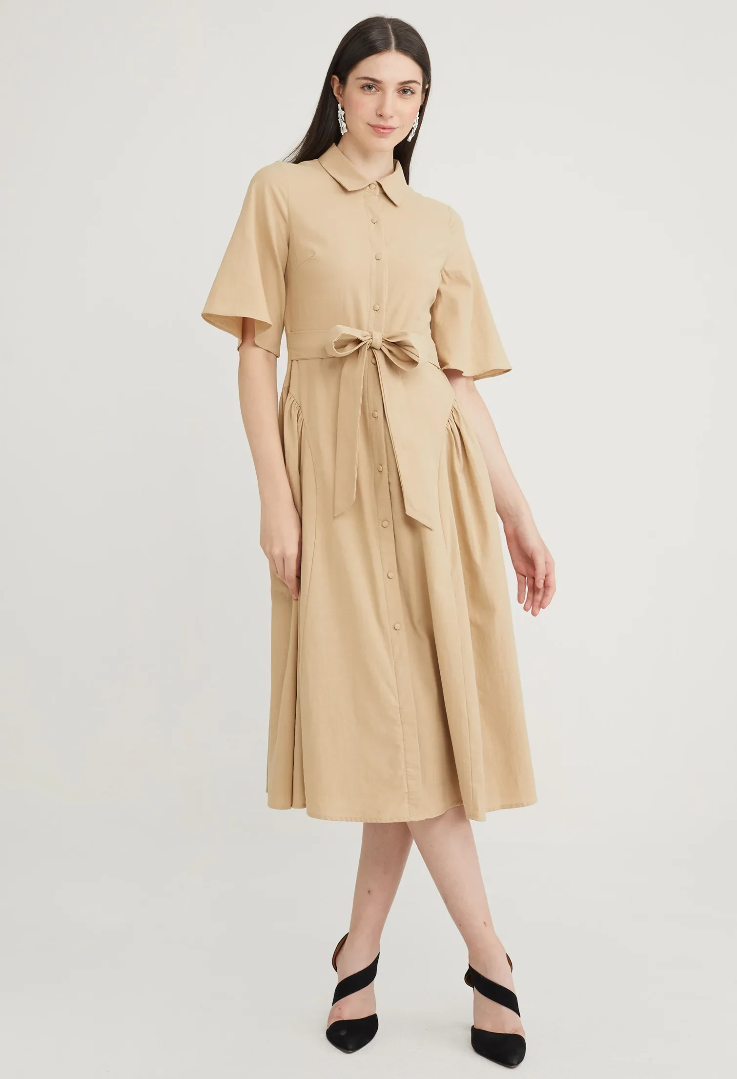 TIE WAIST COLLARED MIDI DRESS [SAND]