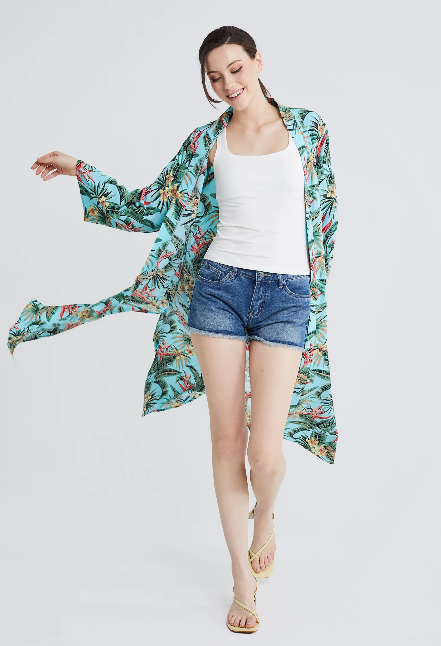 TROPICAL VACAY LONG KIMONO [L/BLUE]