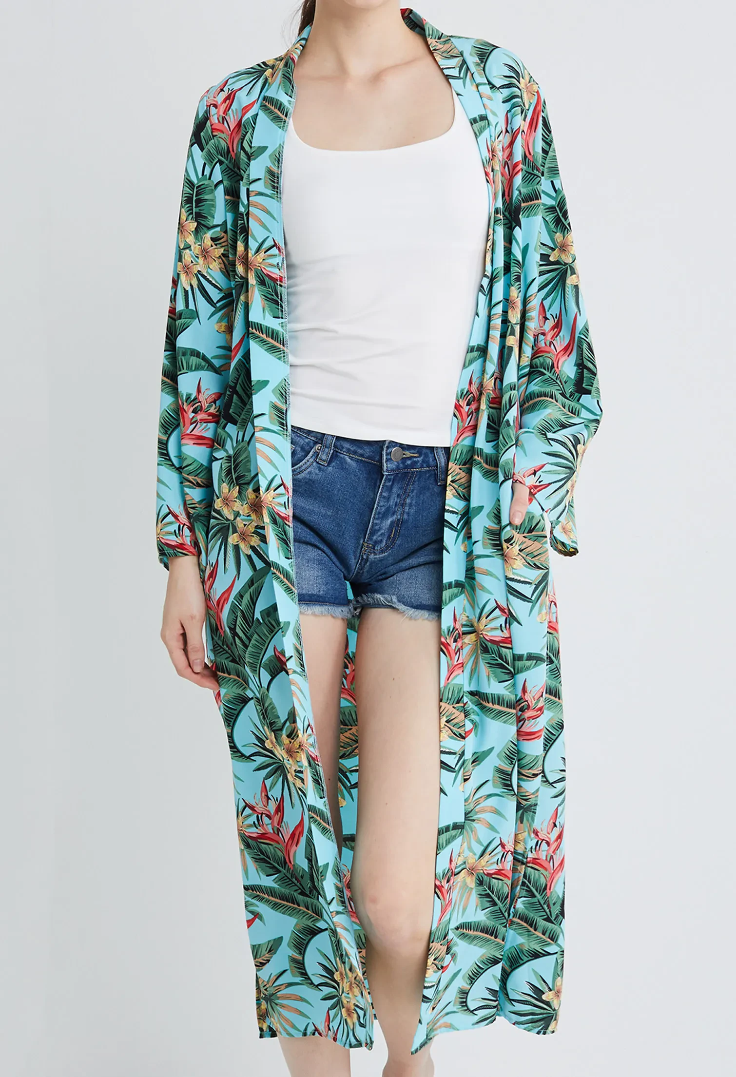 TROPICAL VACAY LONG KIMONO [L/BLUE]