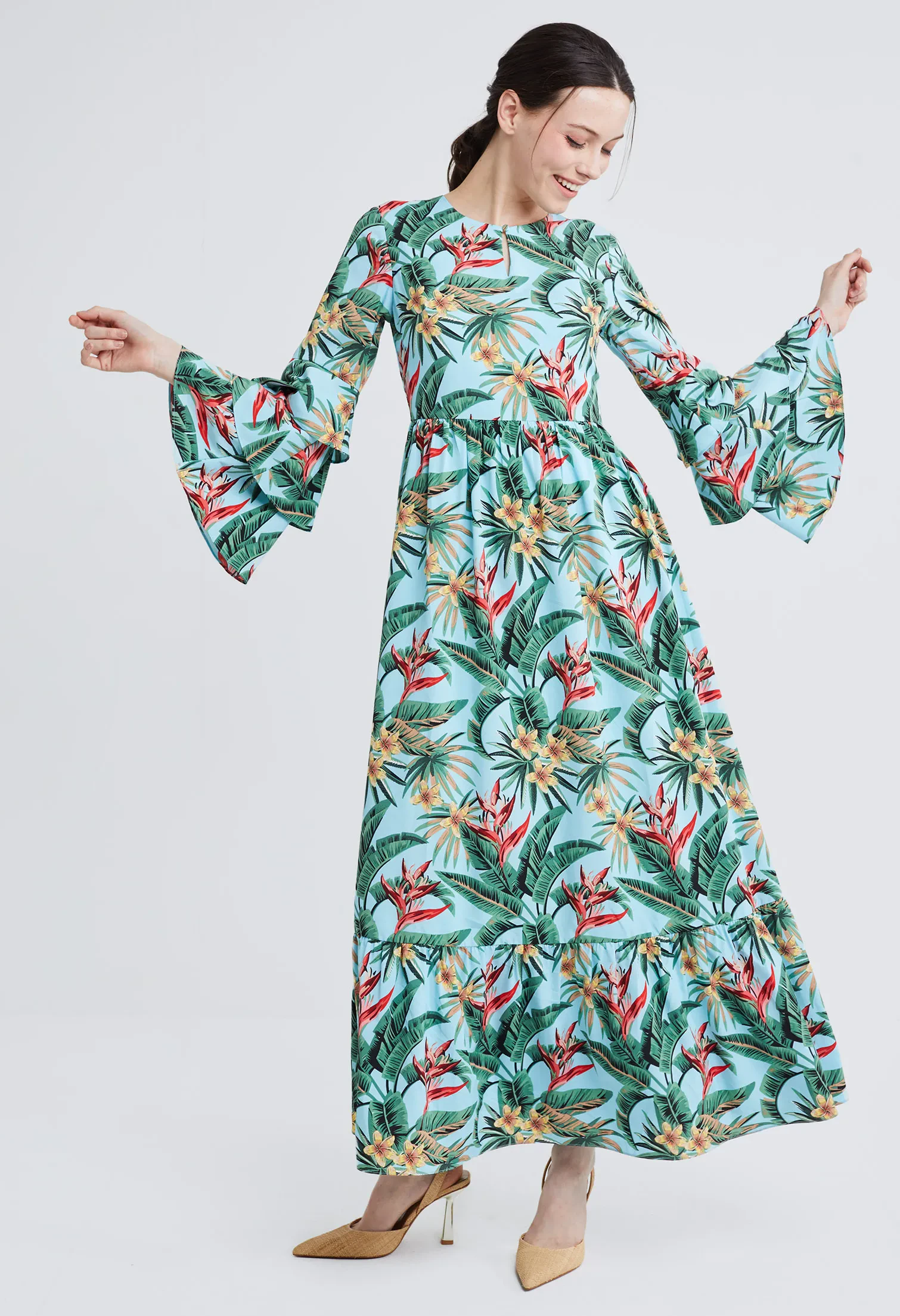 TROPICAL VACAY RUFFLED SLEEVE DRESS [L/BLUE]