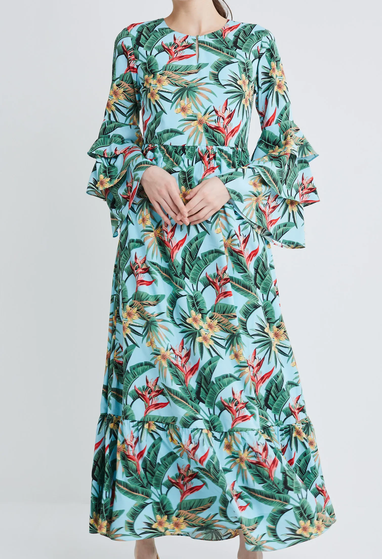 TROPICAL VACAY RUFFLED SLEEVE DRESS [L/BLUE]
