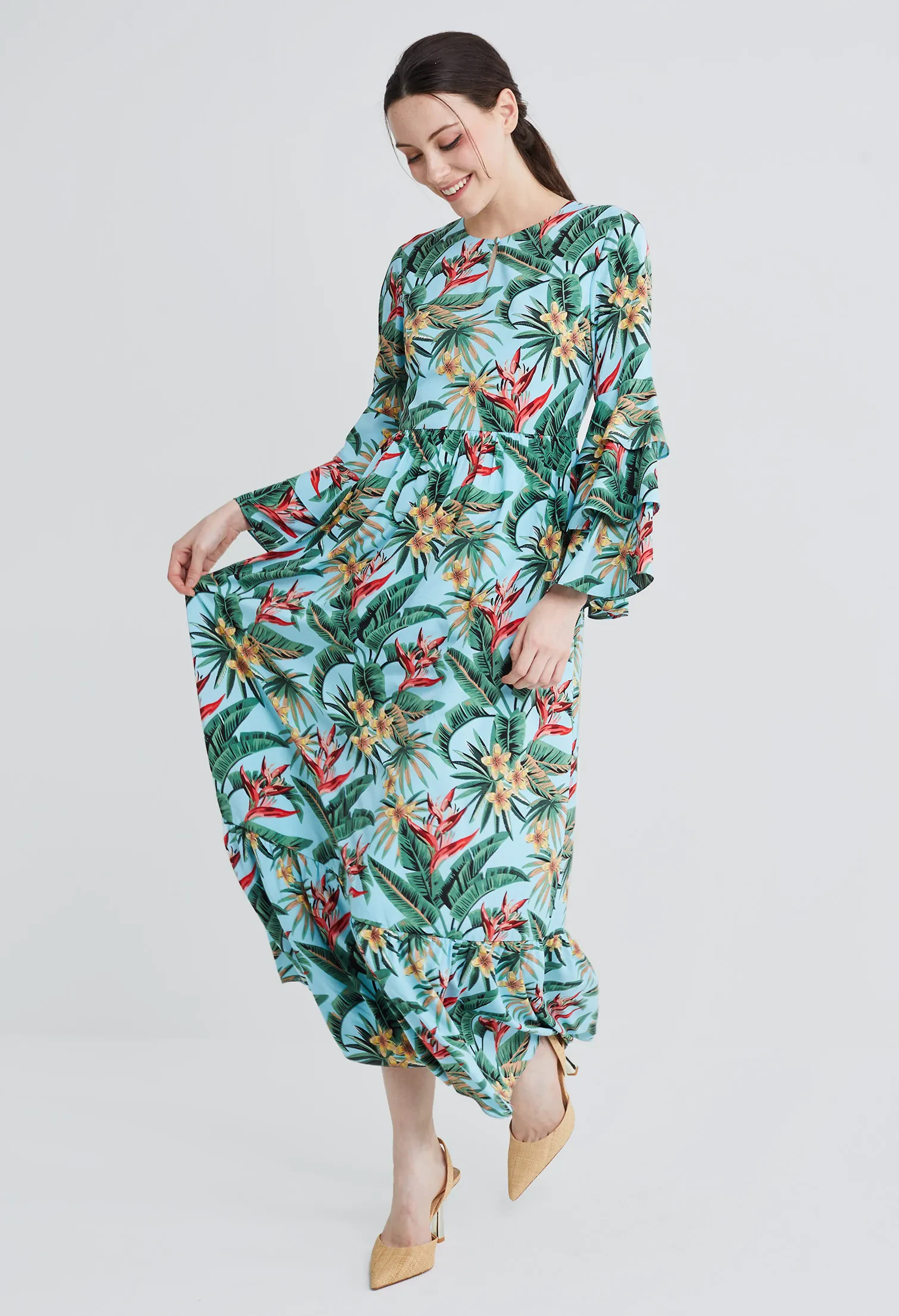 TROPICAL VACAY RUFFLED SLEEVE DRESS [L/BLUE]