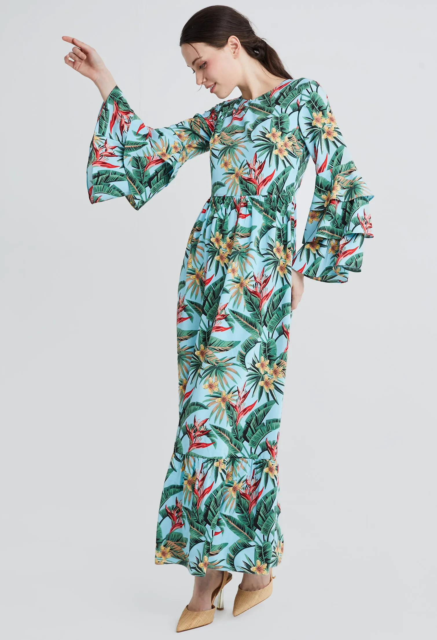 TROPICAL VACAY RUFFLED SLEEVE DRESS [L/BLUE]
