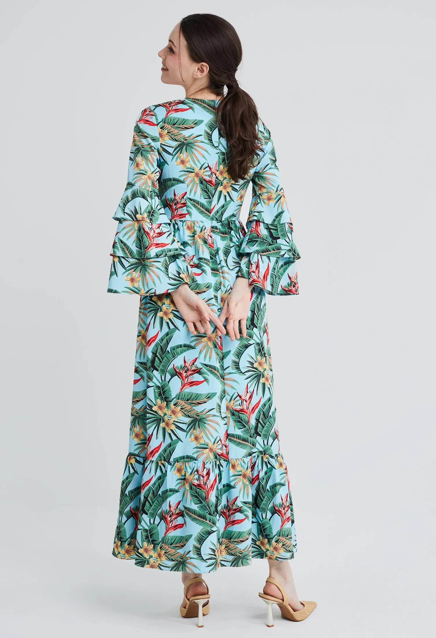 TROPICAL VACAY RUFFLED SLEEVE DRESS [L/BLUE]