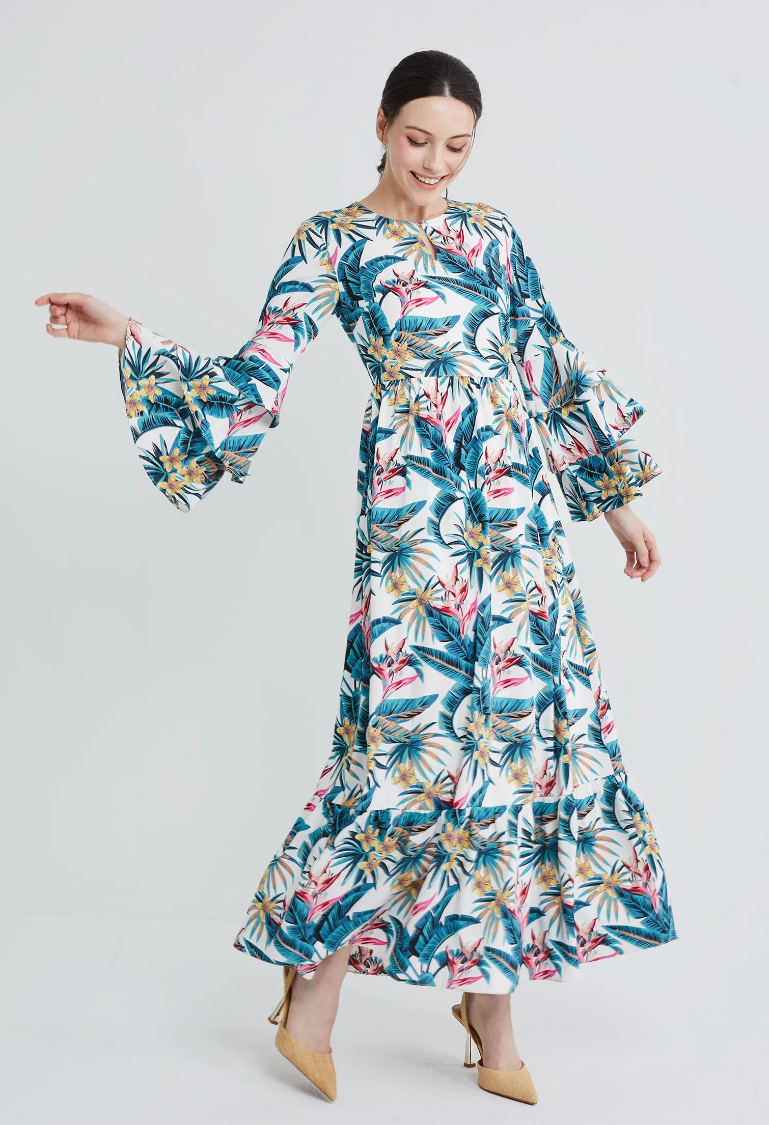 TROPICAL VACAY RUFFLED SLEEVE DRESS [WHITE]