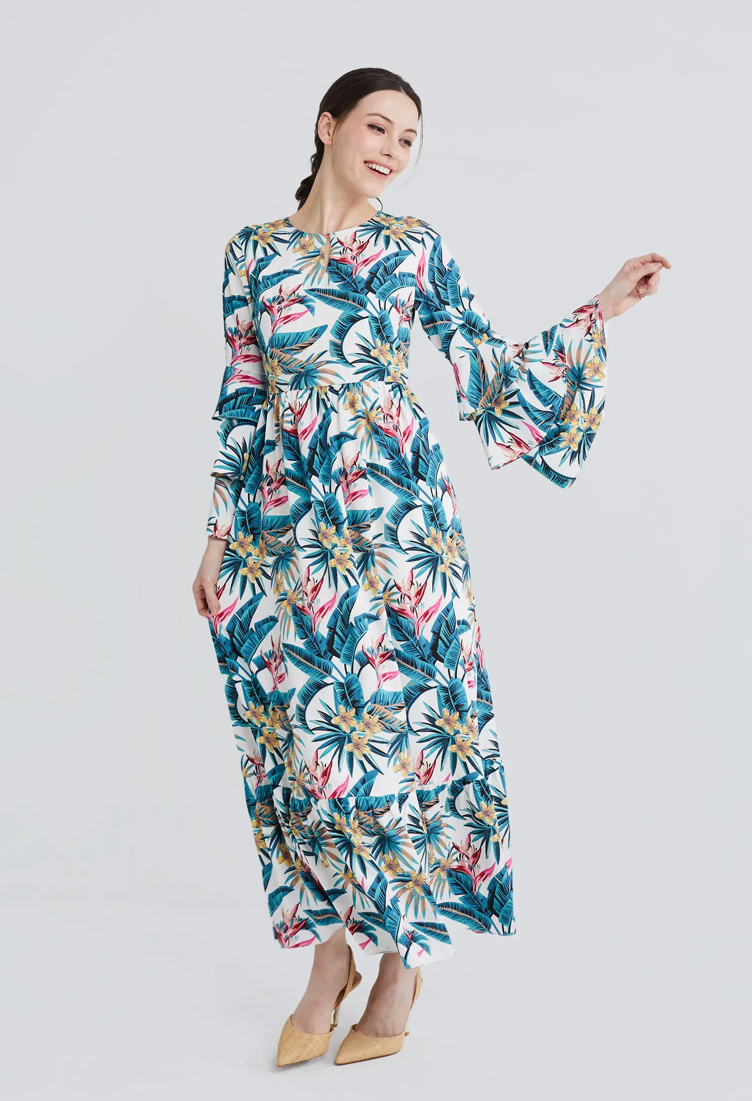 TROPICAL VACAY RUFFLED SLEEVE DRESS [WHITE]