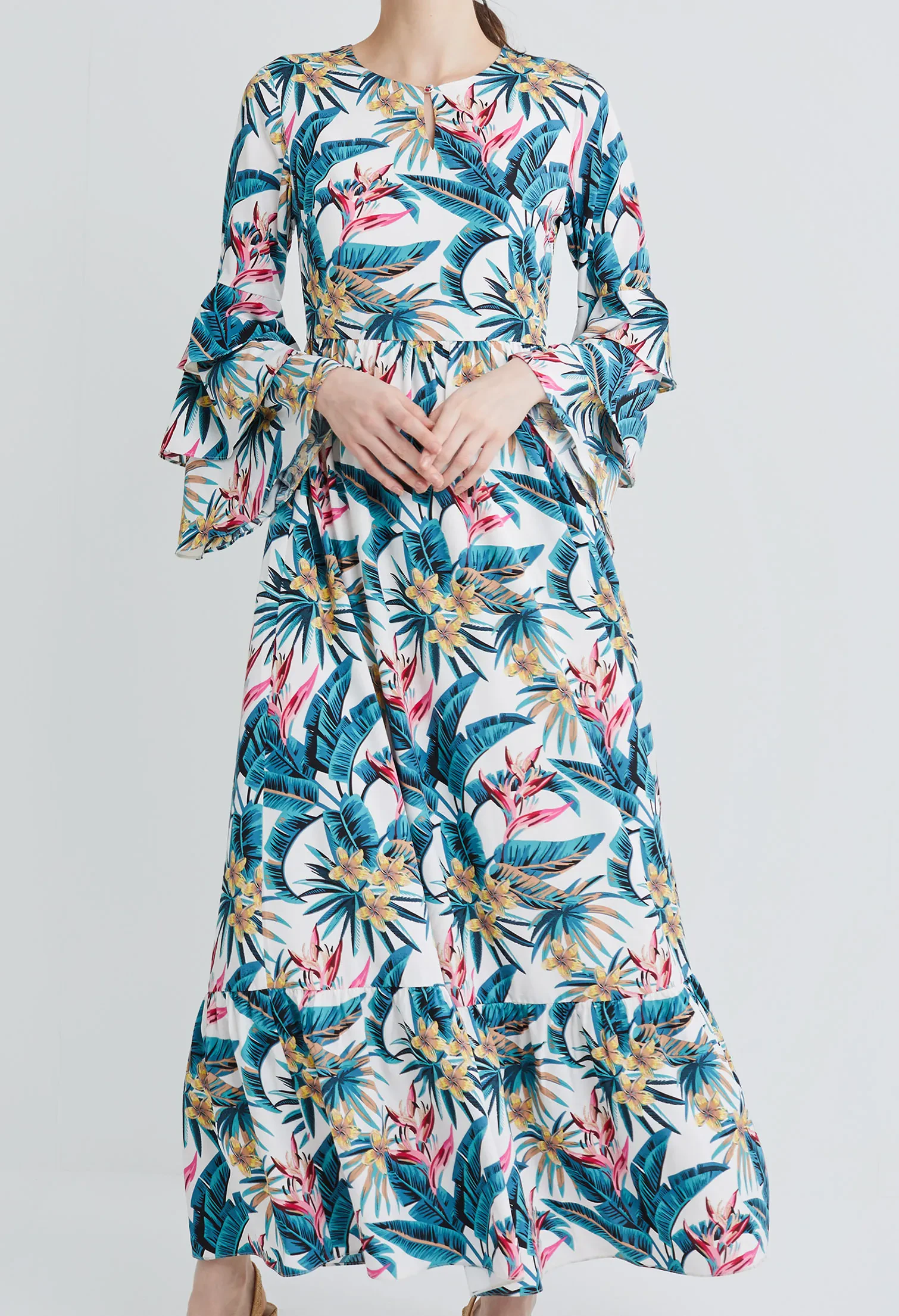 TROPICAL VACAY RUFFLED SLEEVE DRESS [WHITE]