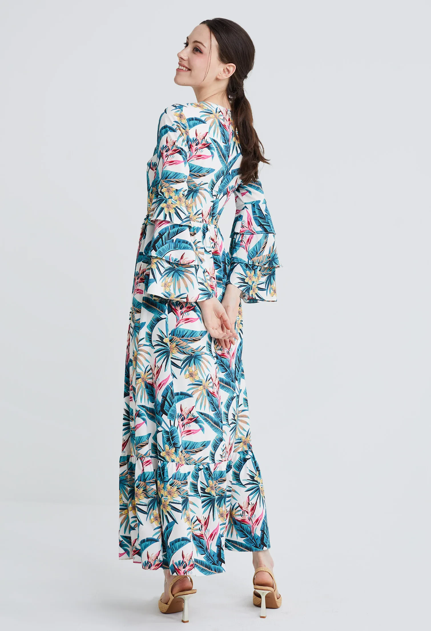 TROPICAL VACAY RUFFLED SLEEVE DRESS [WHITE]