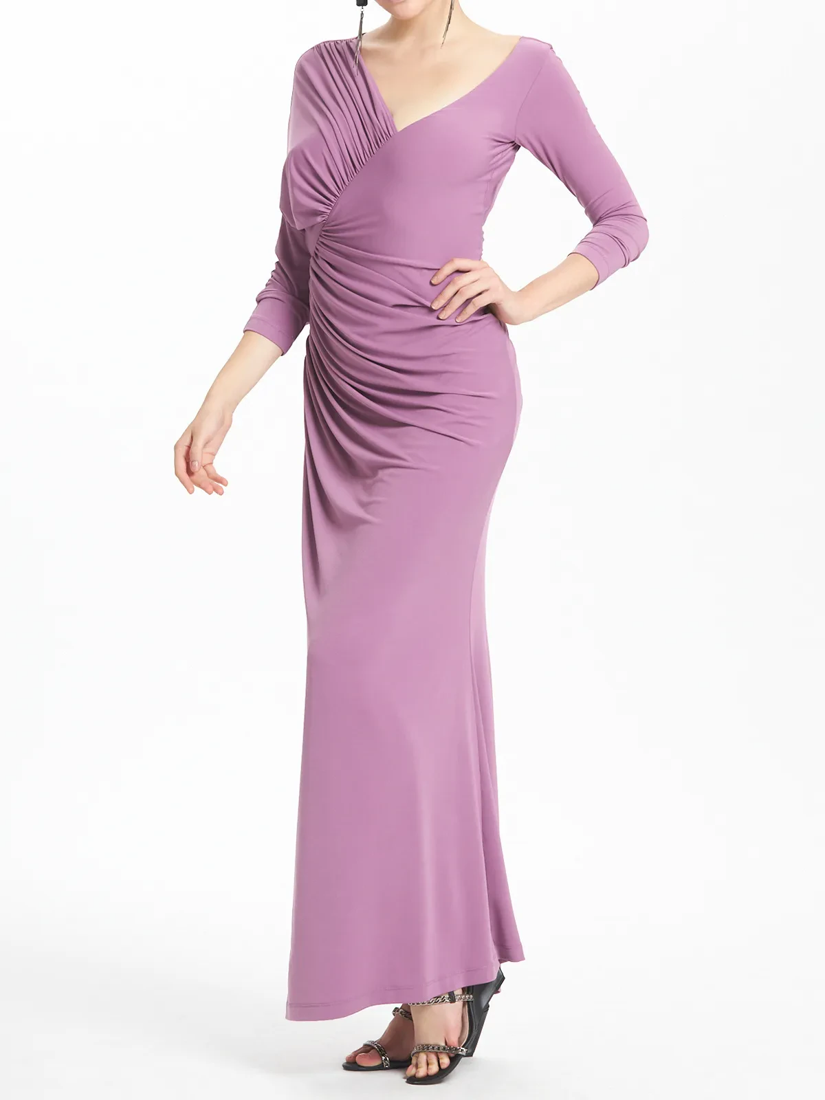 Plunge Neck Ruched Long Dress