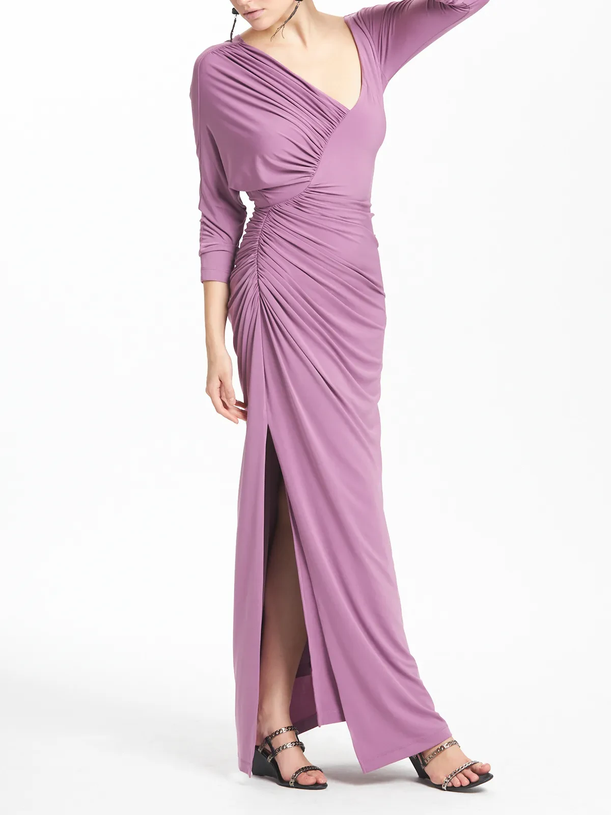 Plunge Neck Ruched Long Dress