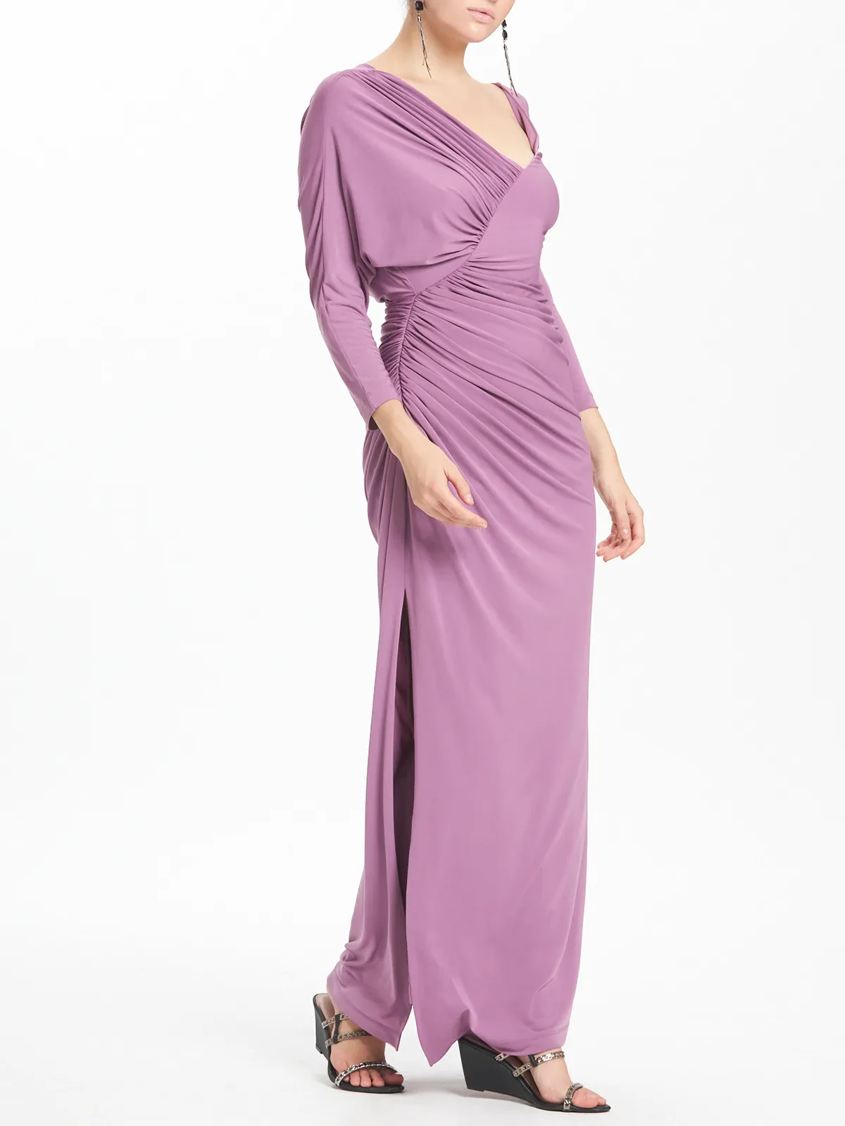 Plunge Neck Ruched Long Dress