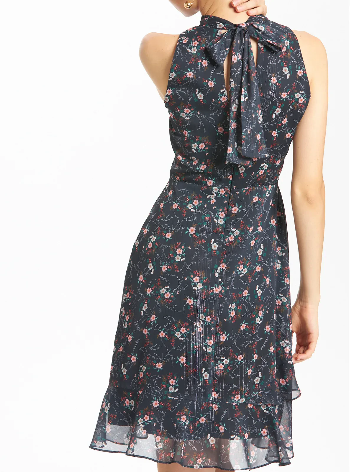 Floral Print Cut In Shoulder High Collar Flounce Dress