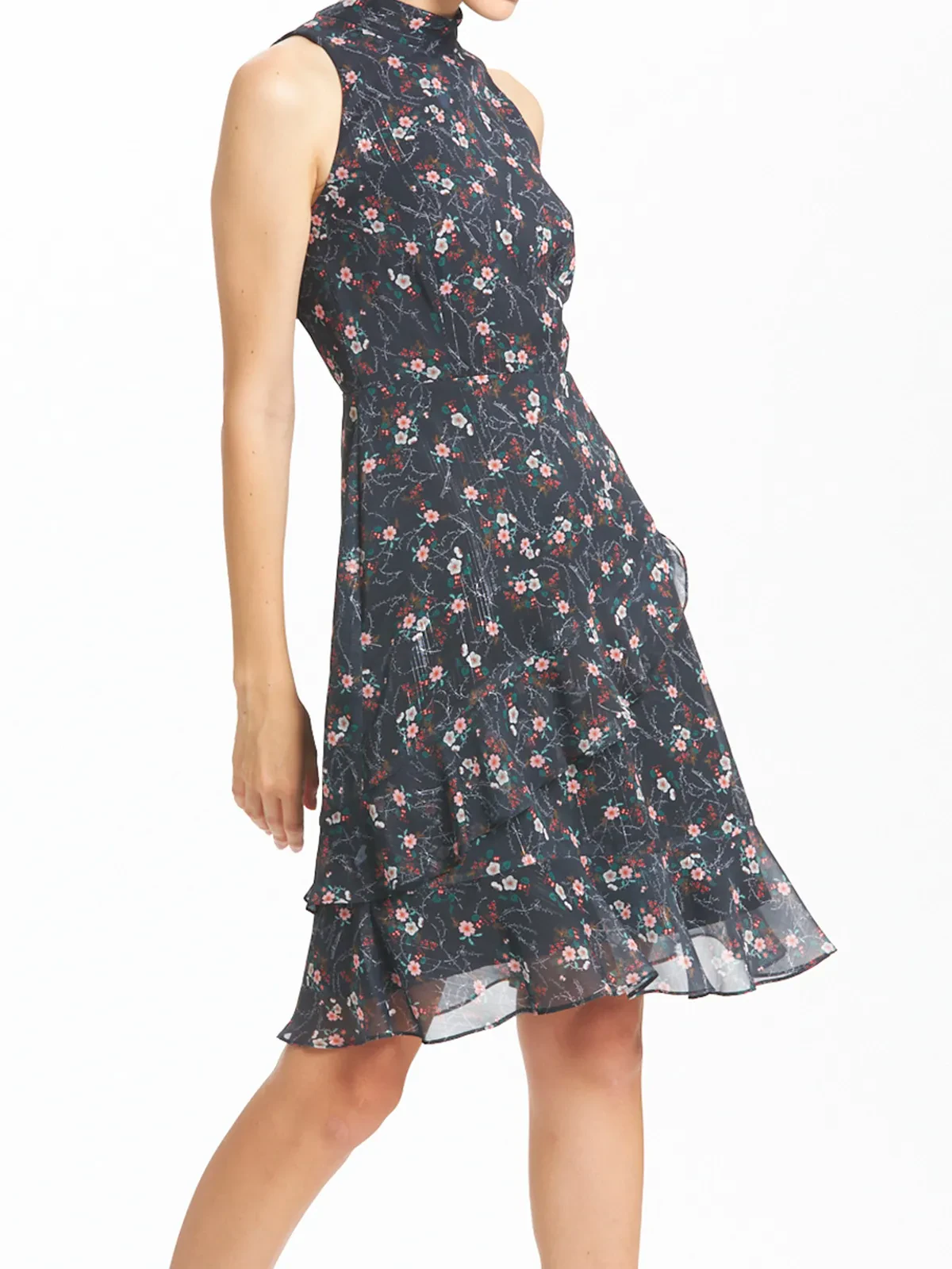 Floral Print Cut In Shoulder High Collar Flounce Dress