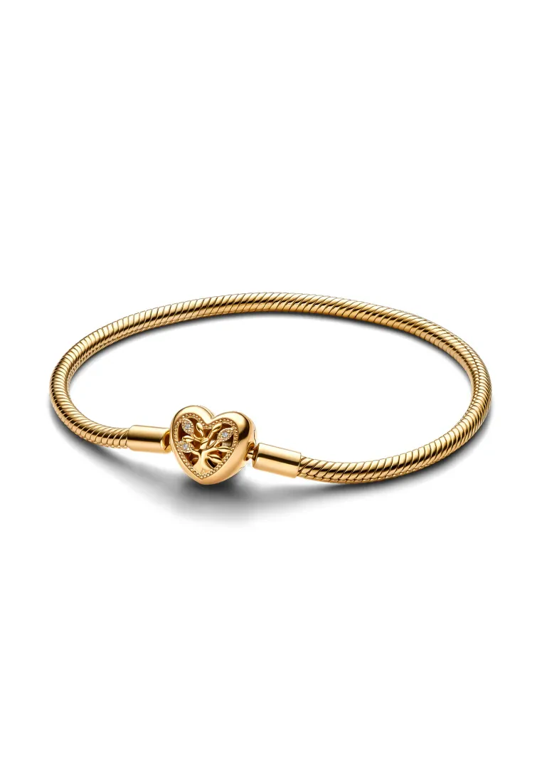PANDORA 14K GOLD-PLATED FAMILY TREE HEART CLASP SNAKE CHAIN BRACELET
