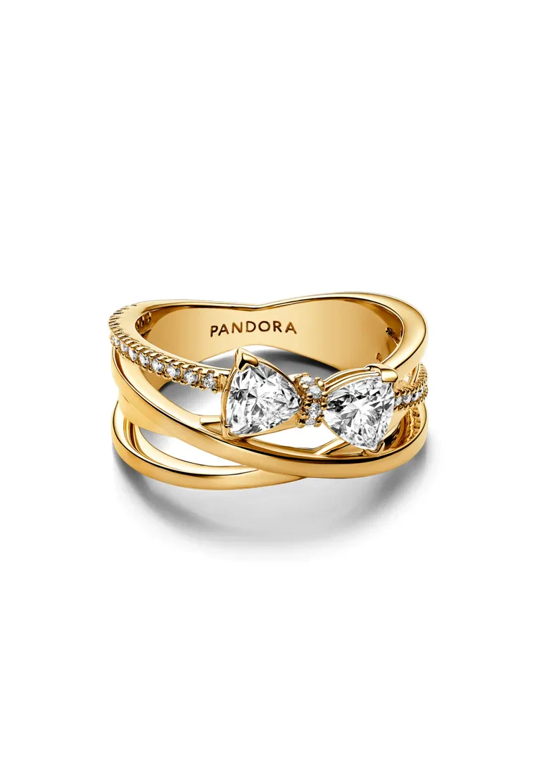 PANDORA 14K GOLD-PLATED SPARKLING BOW & CROSSOVER BAND RING