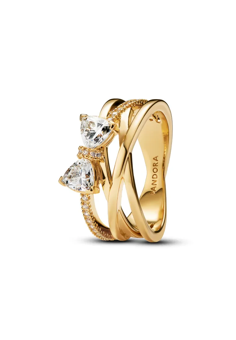 PANDORA 14K GOLD-PLATED SPARKLING BOW & CROSSOVER BAND RING