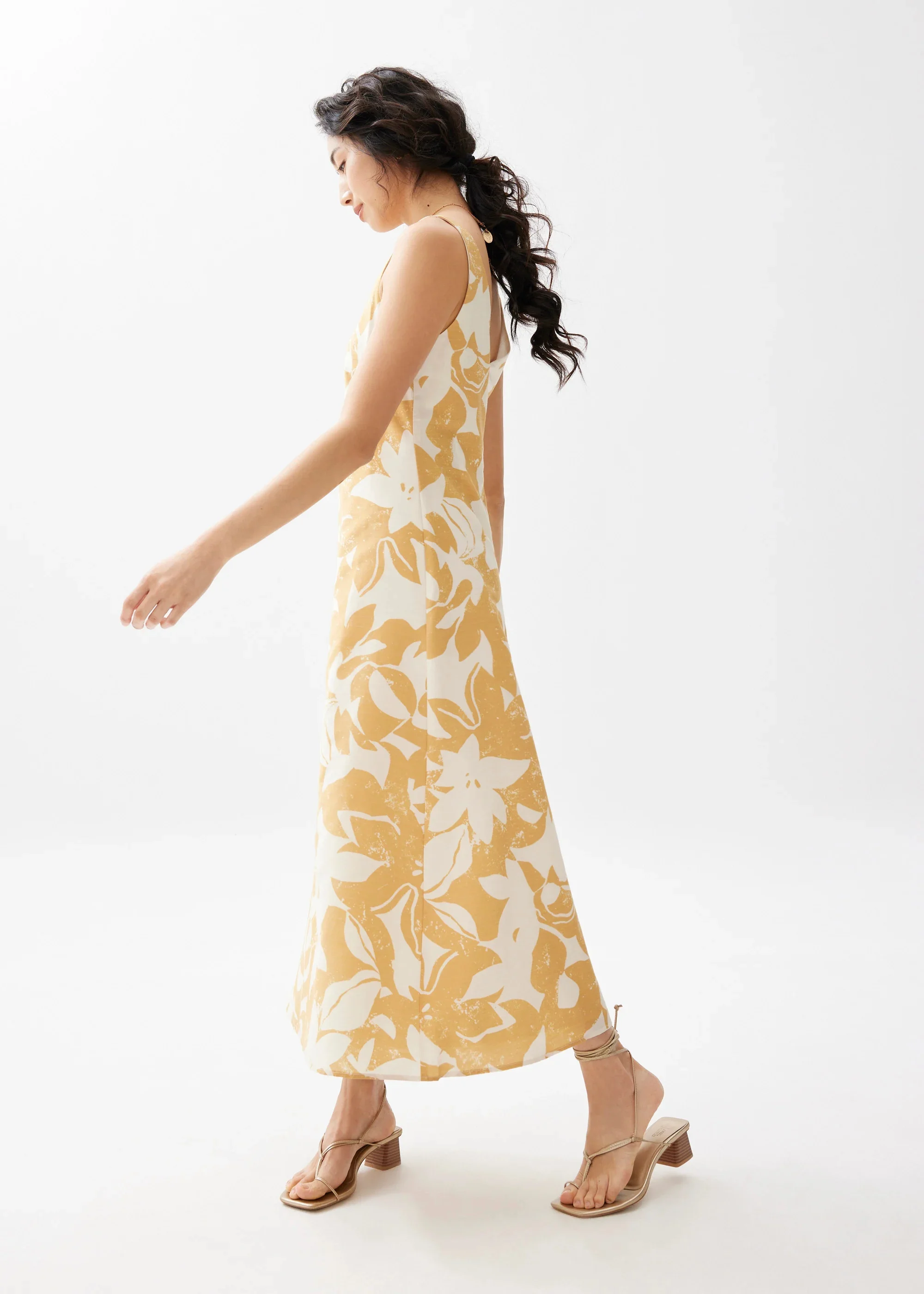V-NECK A-LINE MIDAXI DRESS IN SUNBURST - GOLD