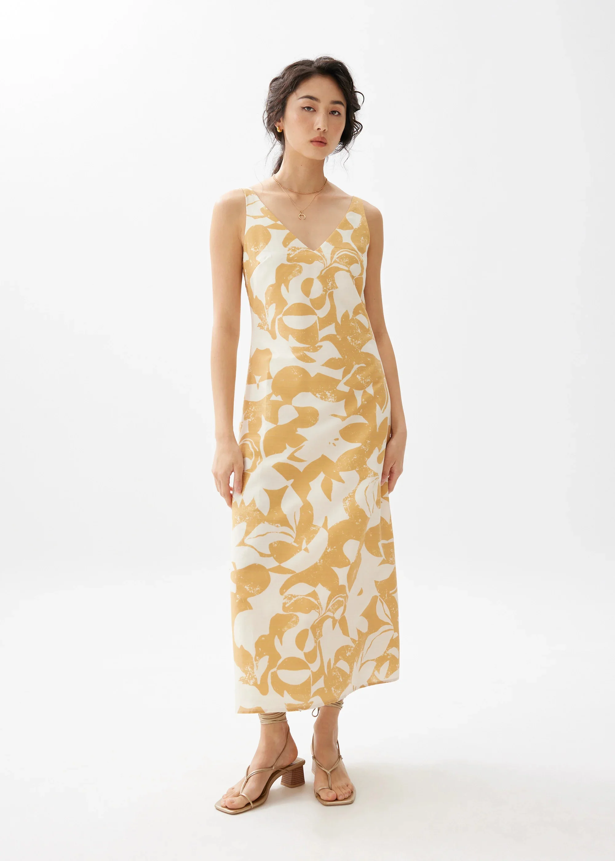 V-NECK A-LINE MIDAXI DRESS IN SUNBURST - GOLD