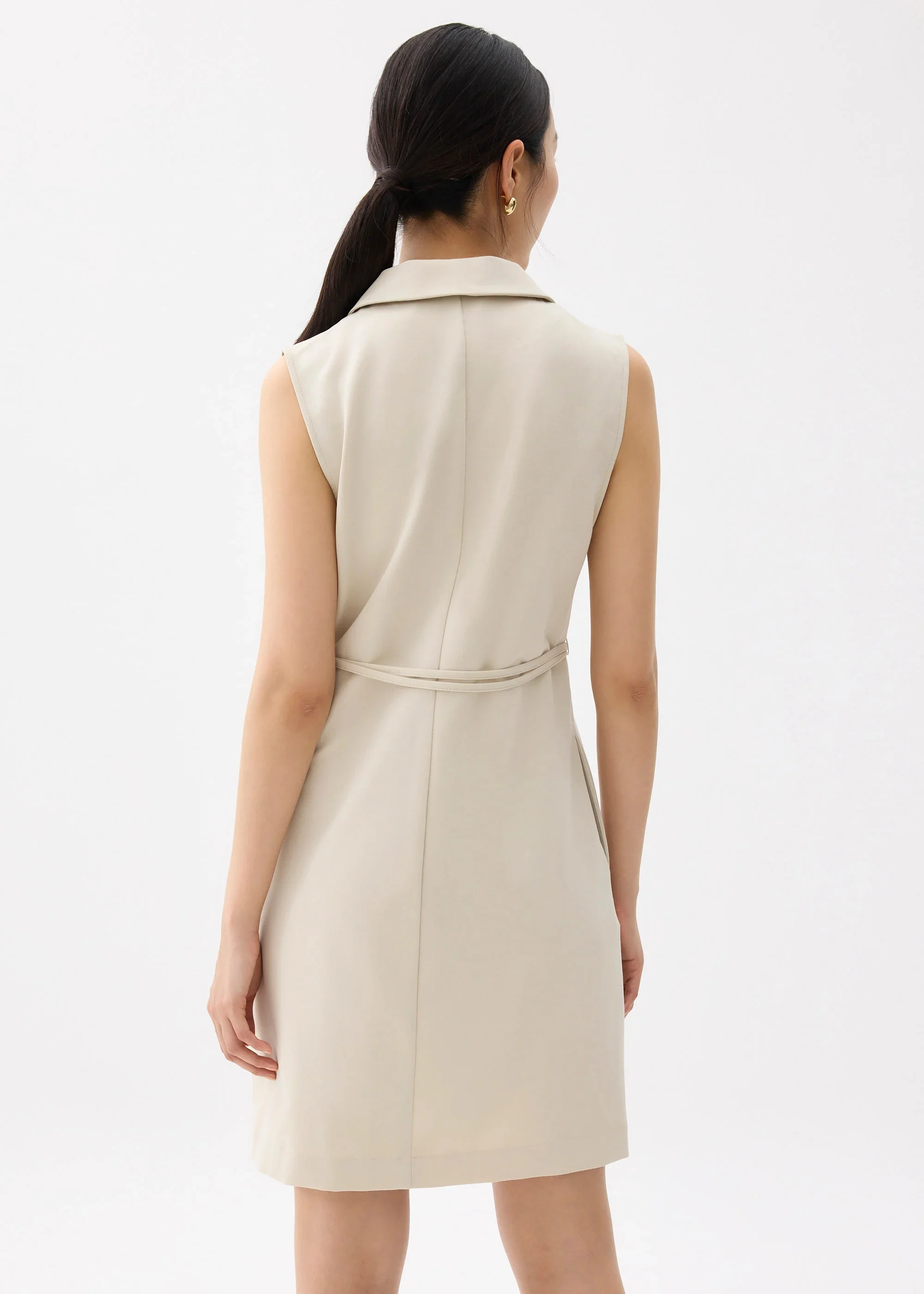 TAILORED COLLARED COLUMN MINI DRESS - BEIGE