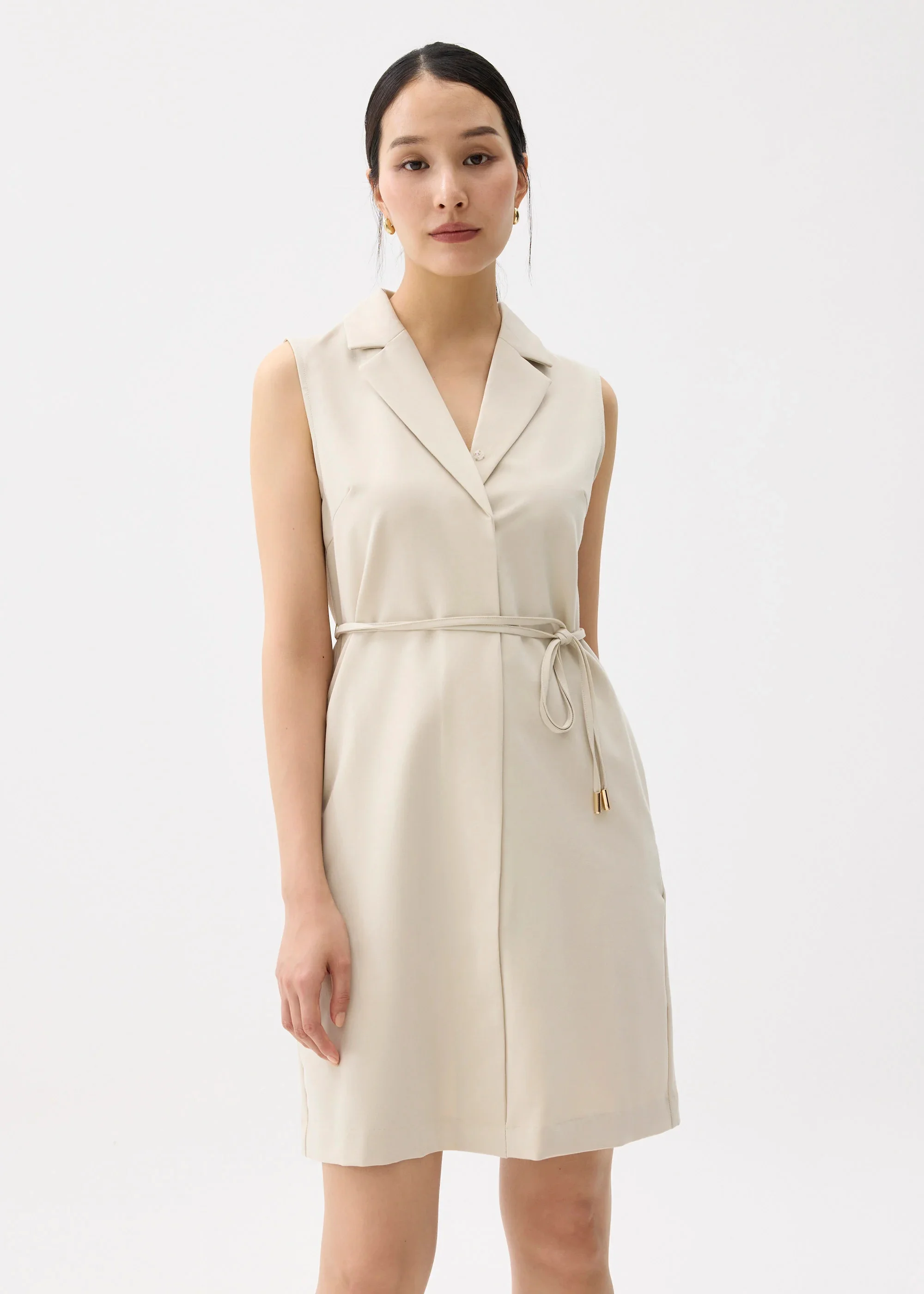 TAILORED COLLARED COLUMN MINI DRESS - BEIGE