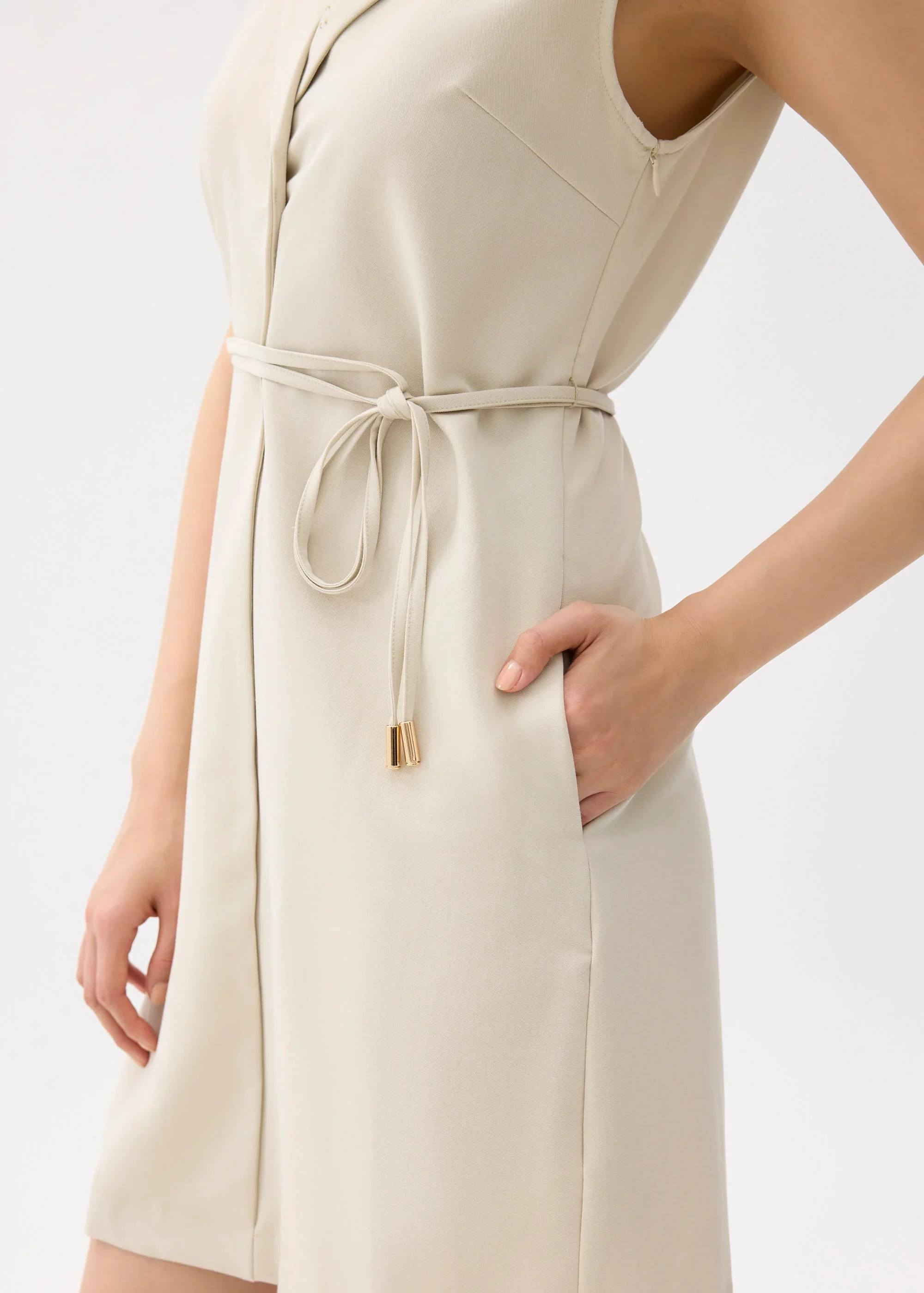 TAILORED COLLARED COLUMN MINI DRESS - BEIGE