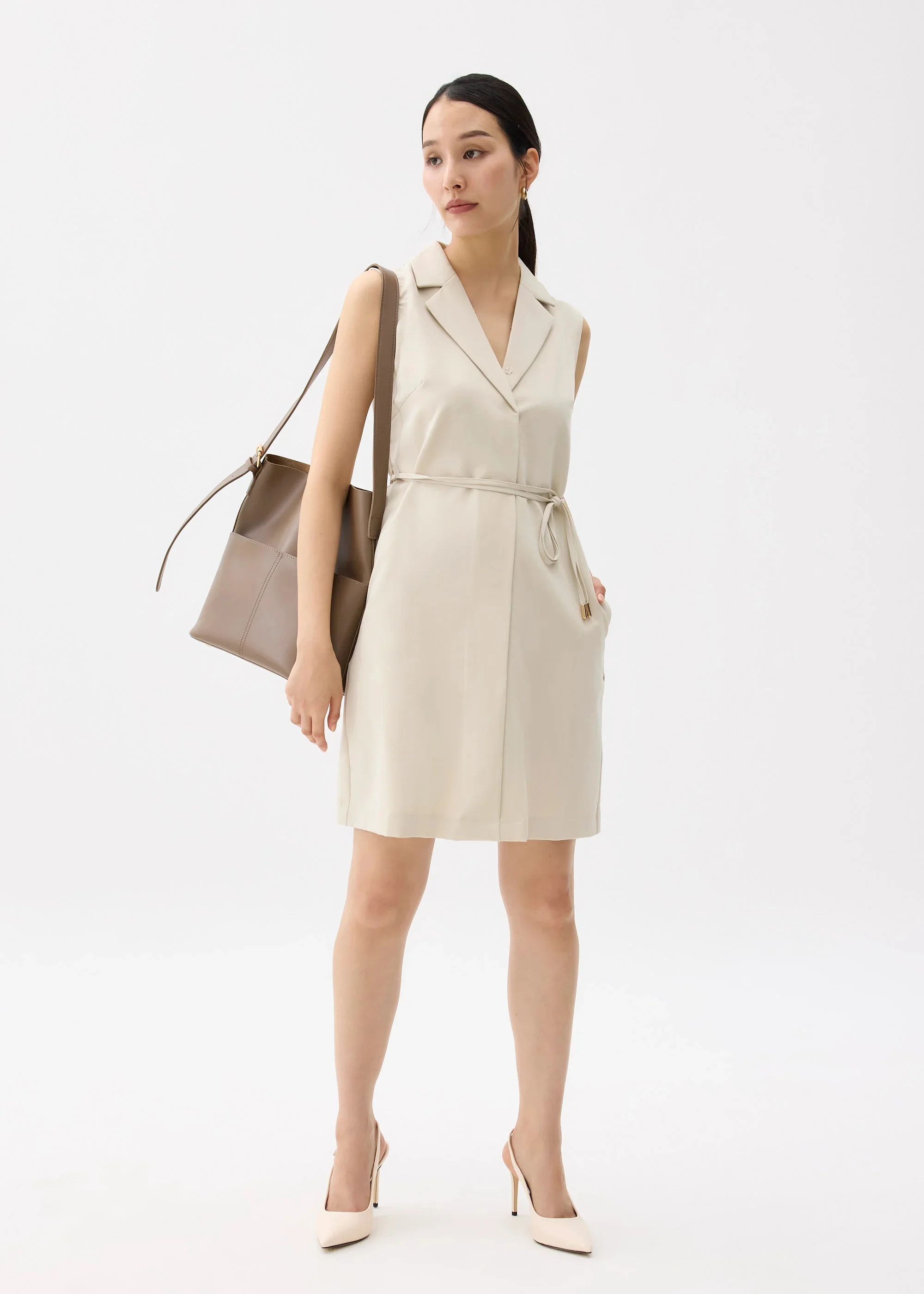 TAILORED COLLARED COLUMN MINI DRESS - BEIGE