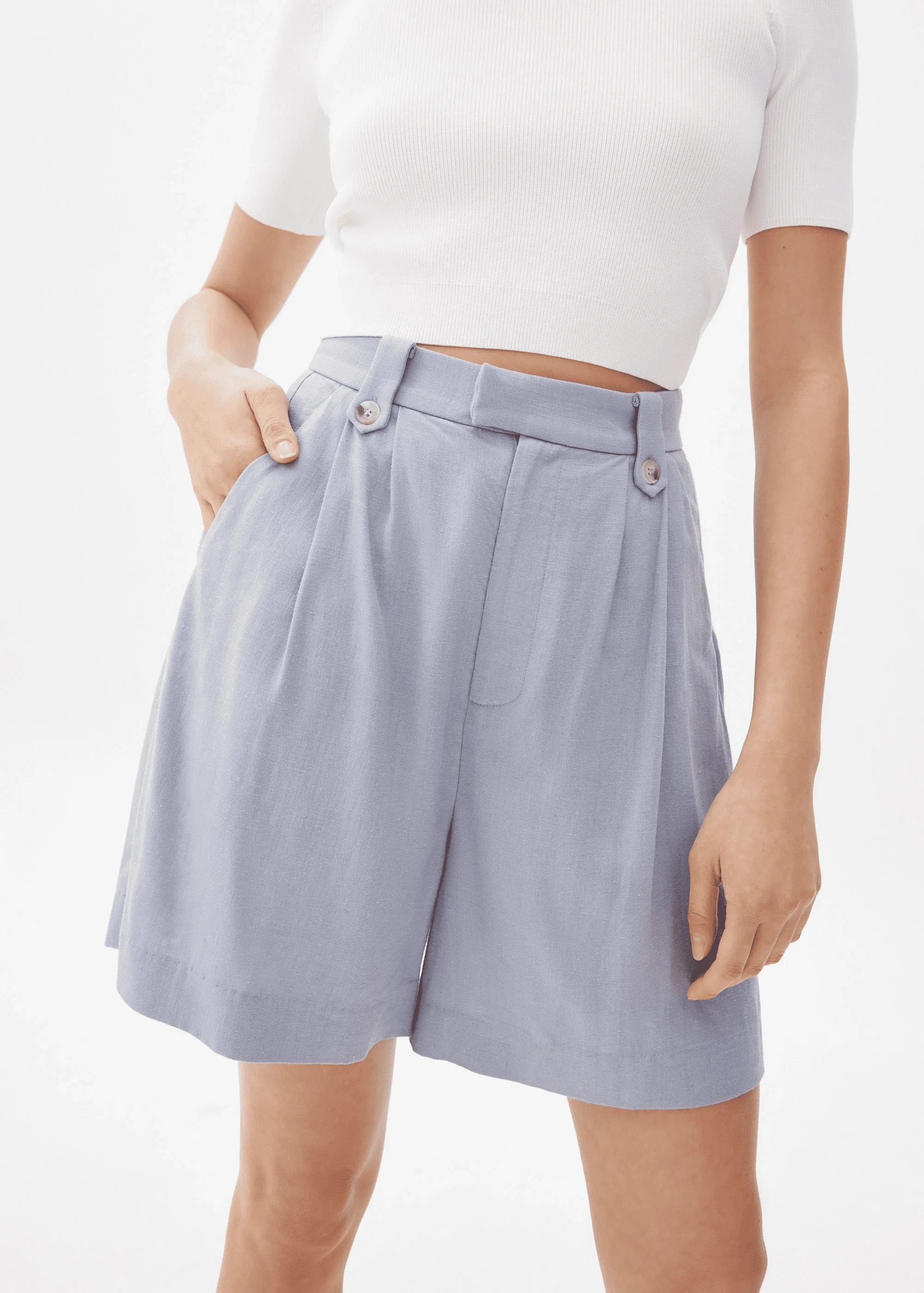 LINEN A-LINE SHORTS - DUSTY BLUE