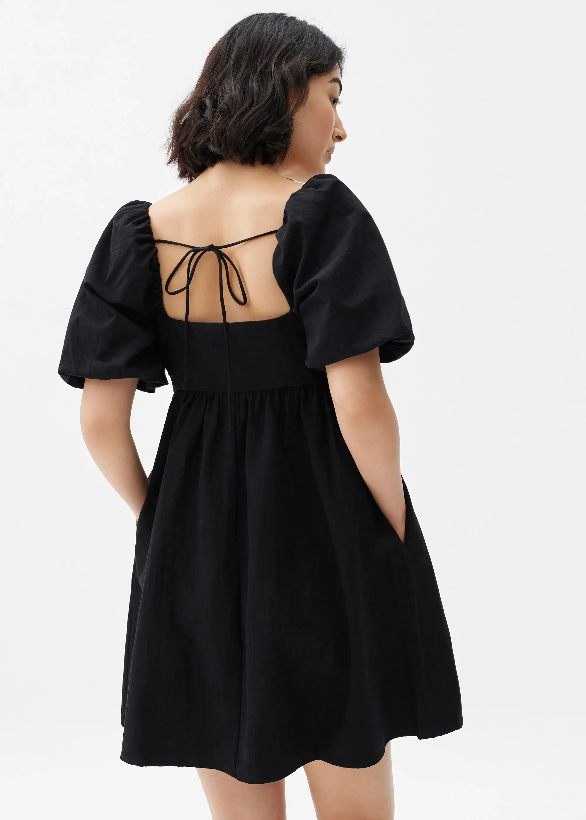 PUFF SLEEVE BABYDOLL MINI DRESS - BLACK