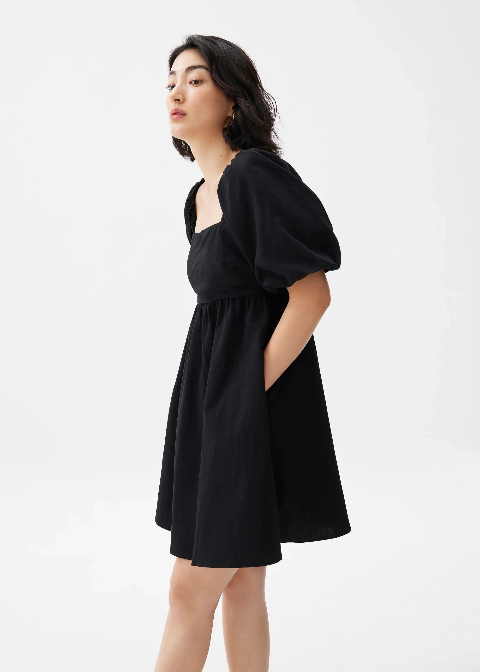 PUFF SLEEVE BABYDOLL MINI DRESS - BLACK