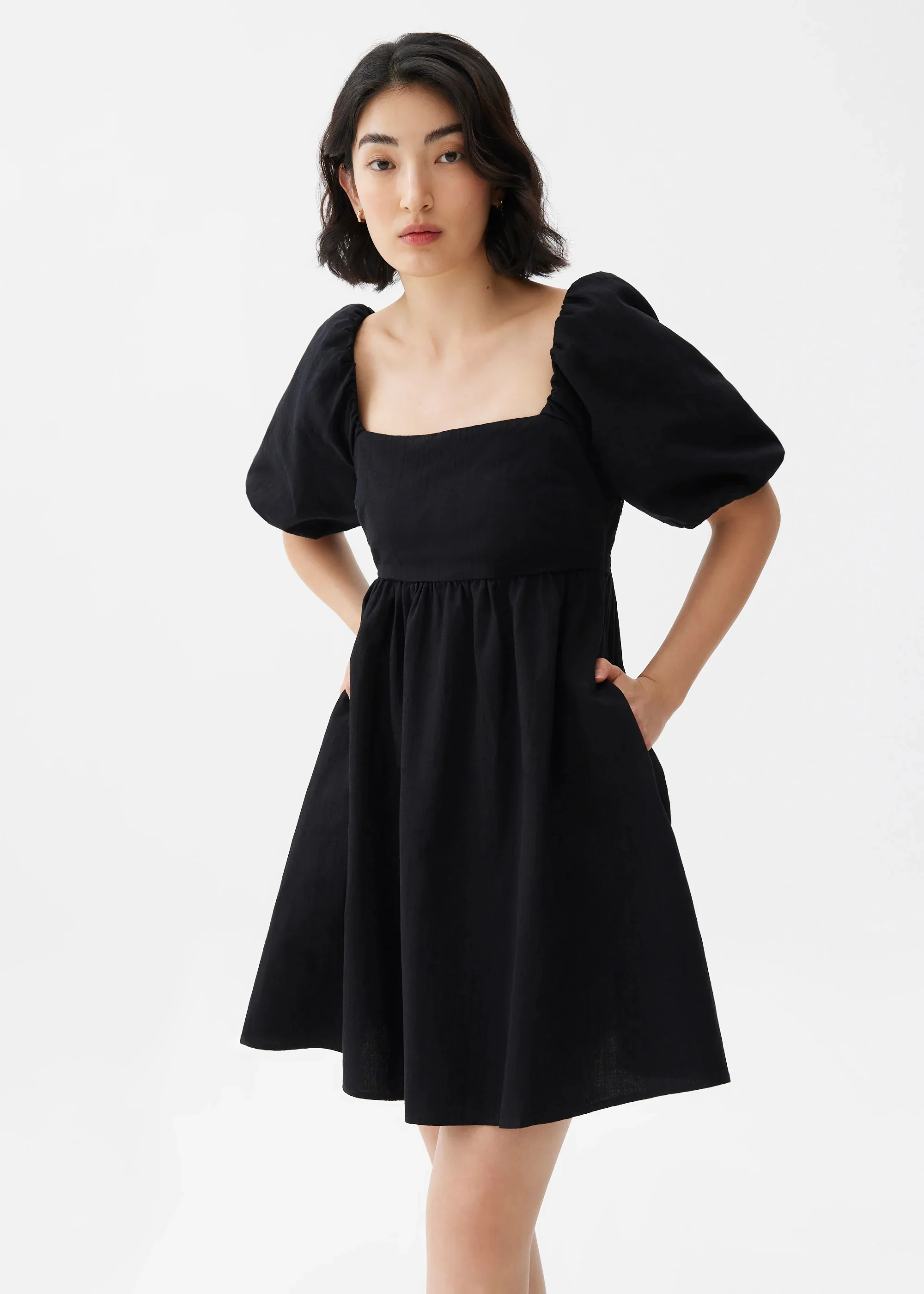 PUFF SLEEVE BABYDOLL MINI DRESS - BLACK