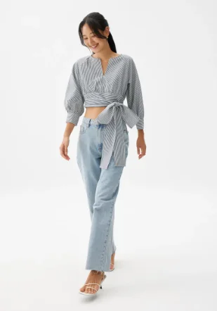 STRIPED PUFF SLEEVE BLOUSE - NAVY BLUE