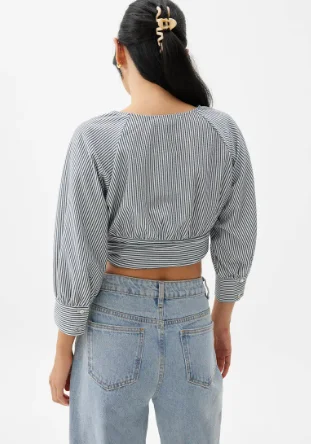 STRIPED PUFF SLEEVE BLOUSE - NAVY BLUE