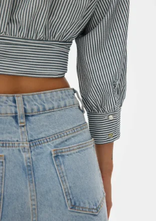 STRIPED PUFF SLEEVE BLOUSE - NAVY BLUE