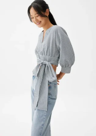 STRIPED PUFF SLEEVE BLOUSE - NAVY BLUE