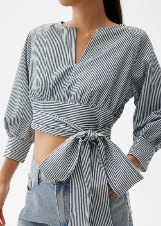 STRIPED PUFF SLEEVE BLOUSE - NAVY BLUE