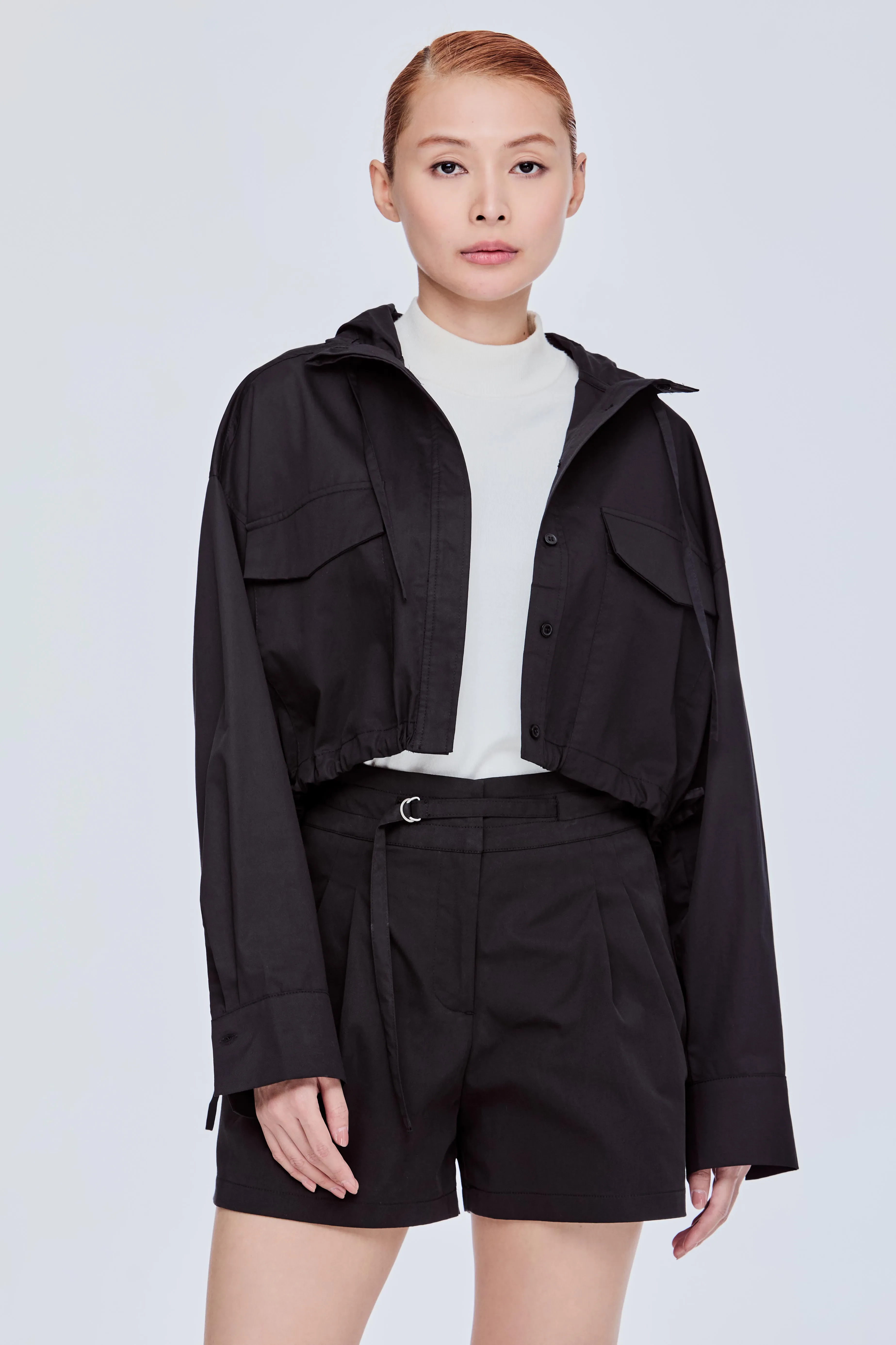 HOODED DRAWSTRING JACKET - BLACK