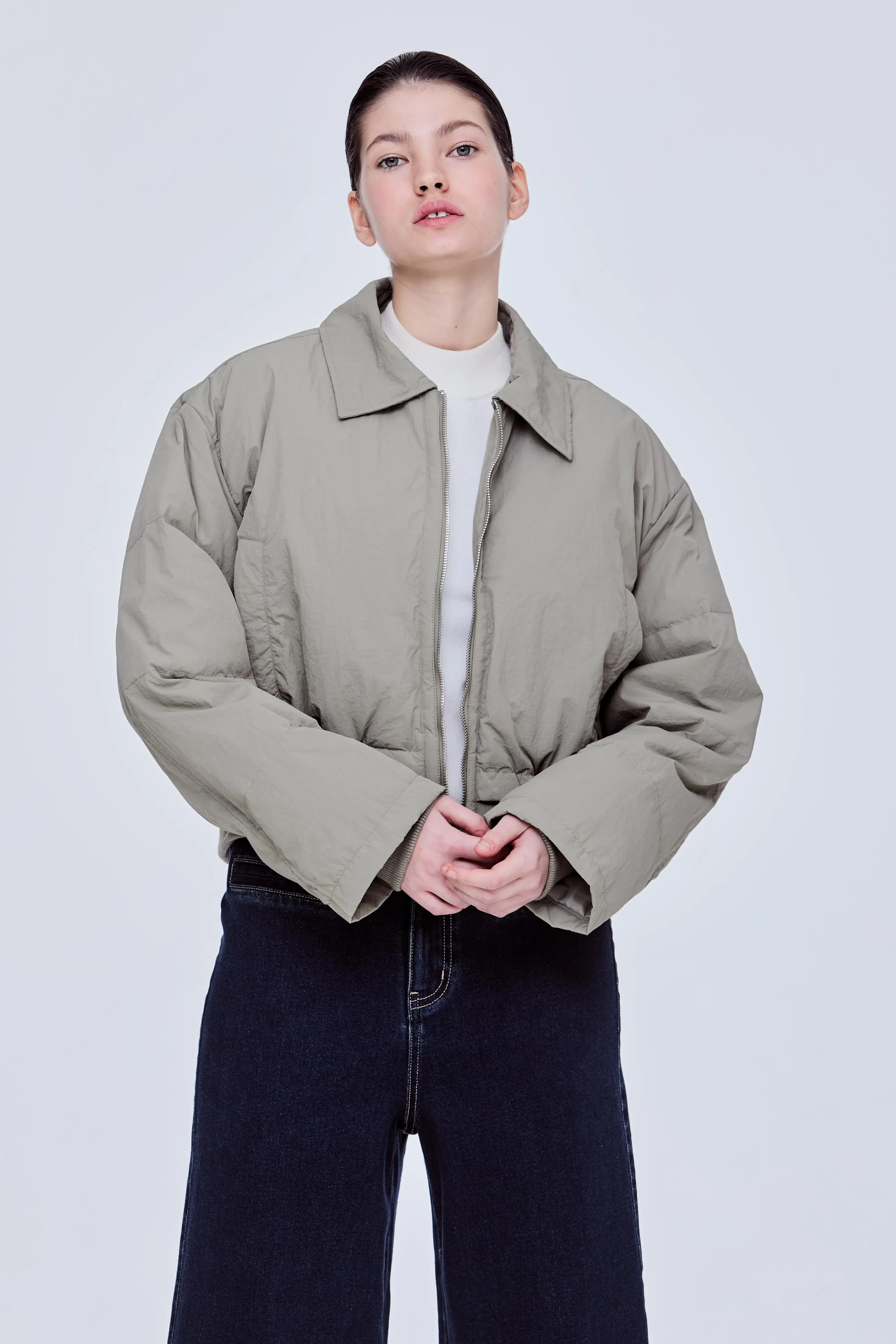 COLLARED PUFFER JACKET -SAGE