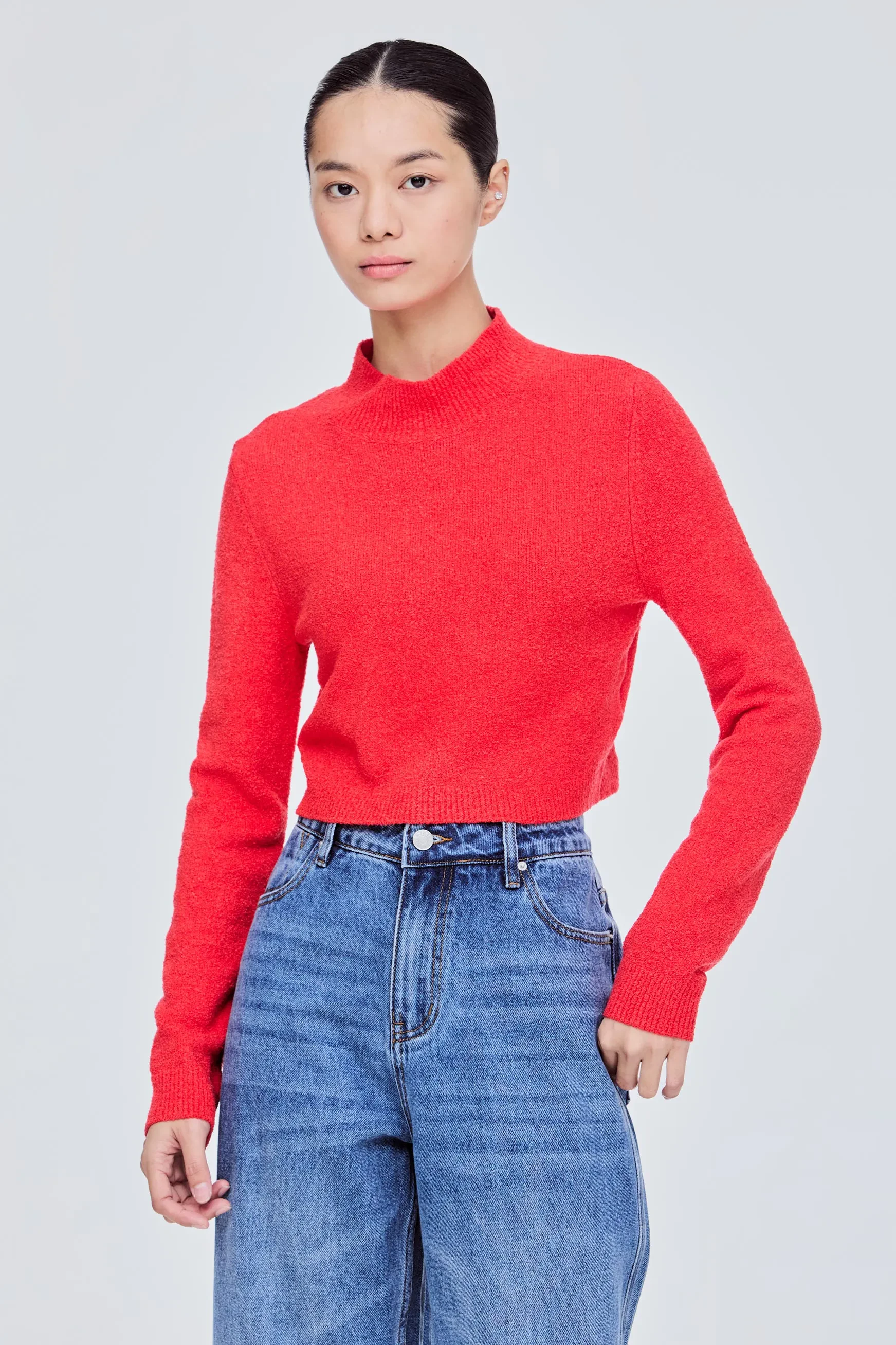 CROPPED KNIT SWEATER - TANGERINE RED