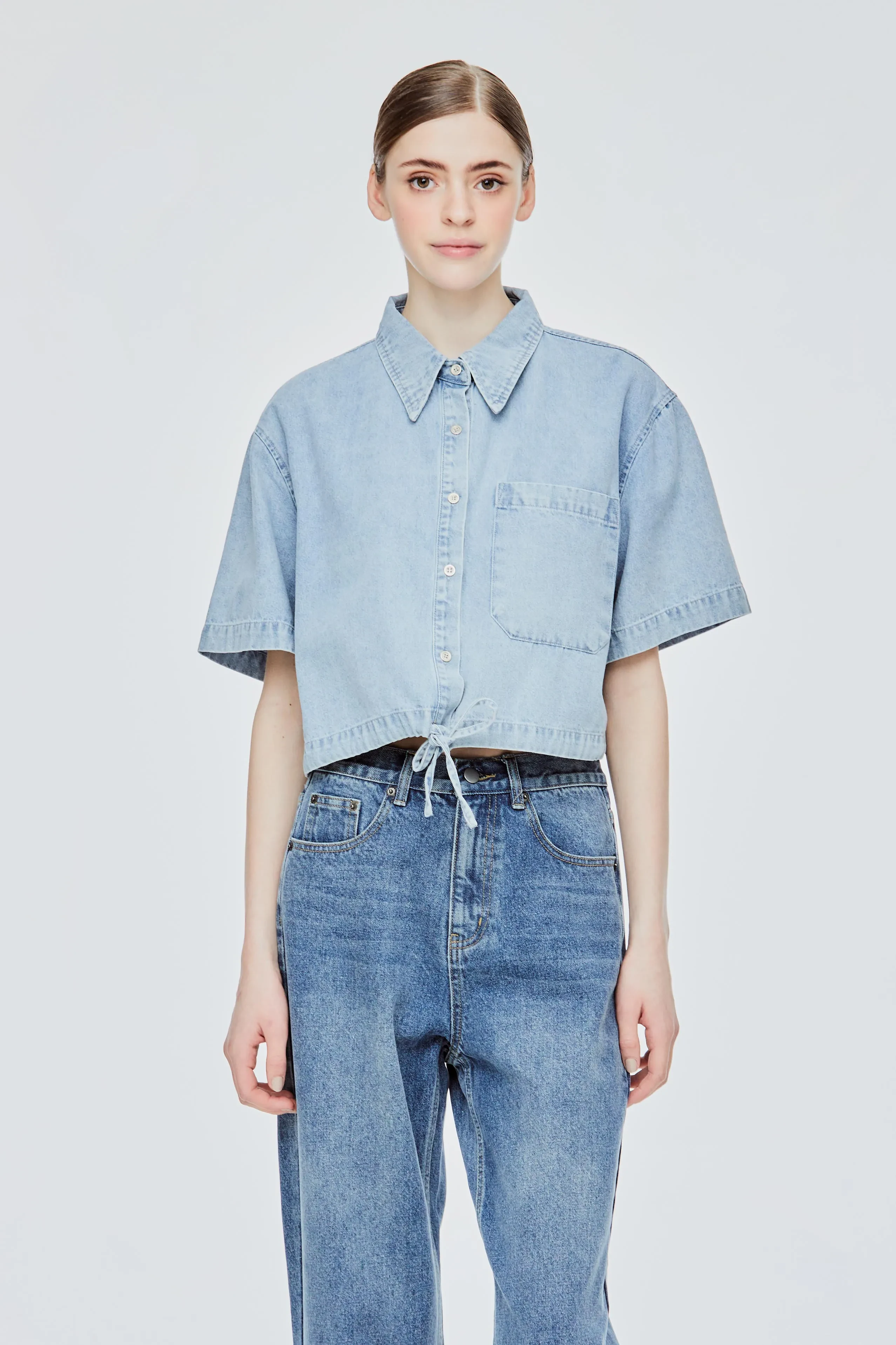 DRAWSTRING HEM CROP TOP - LIGHT DENIM